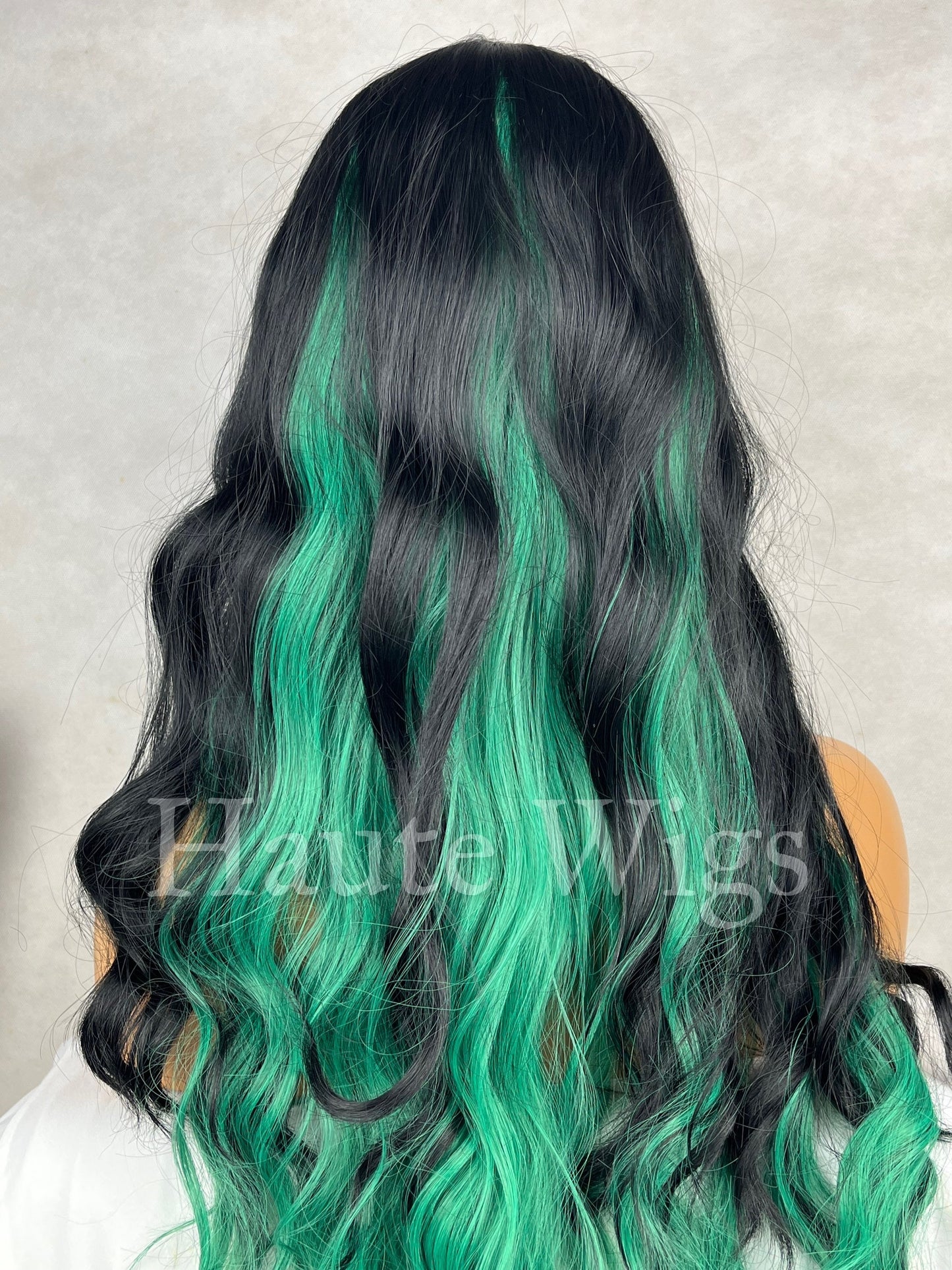 Envy - Black Wavy Wig with bright Green Highlights: Emo Goth Bangs role play or everyday wigs