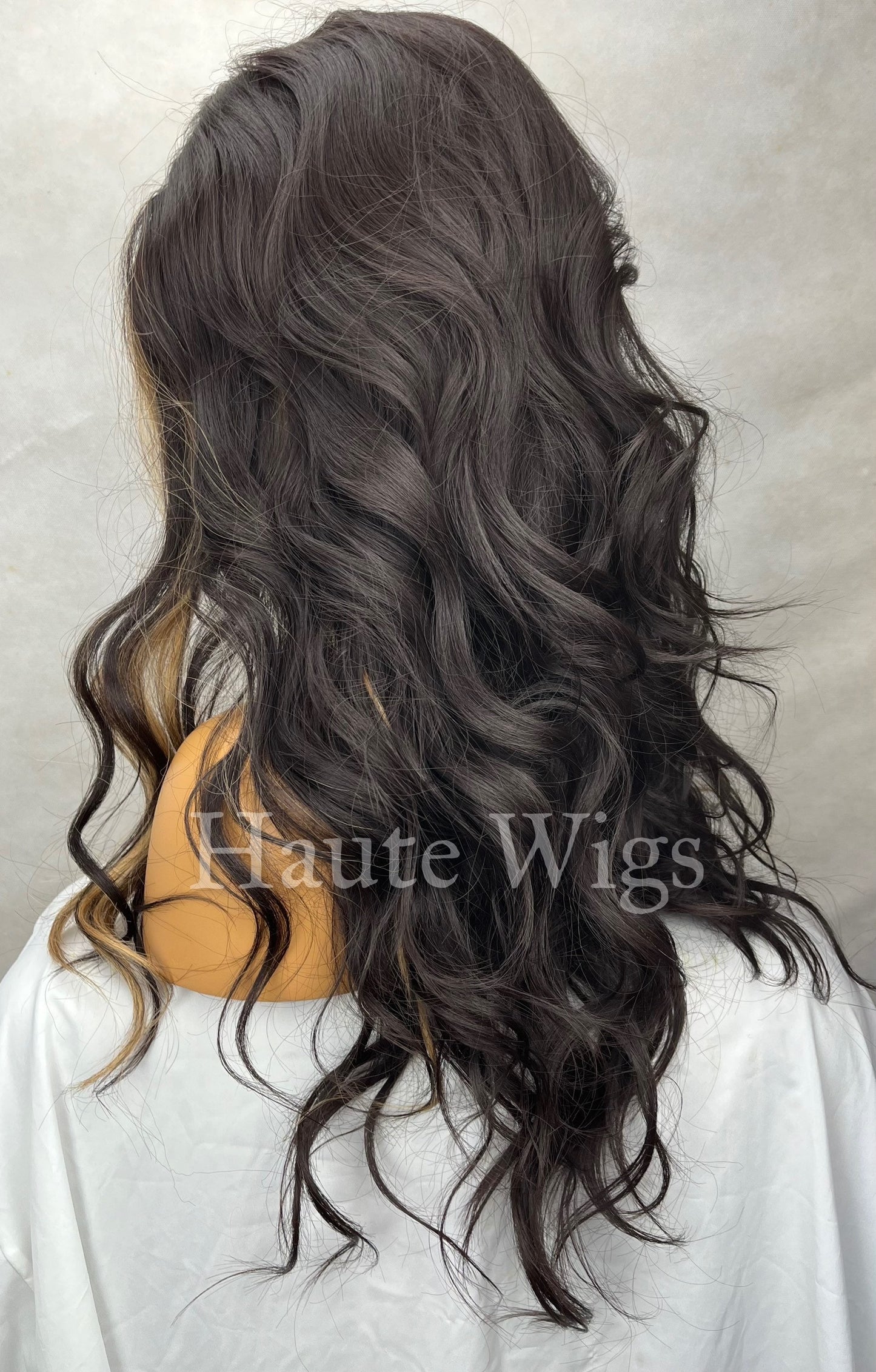 Golden girl 24 Inch Black Brown Wig: Golden Blonde Money Piece highlights, Wavy Lace Front vegan hair