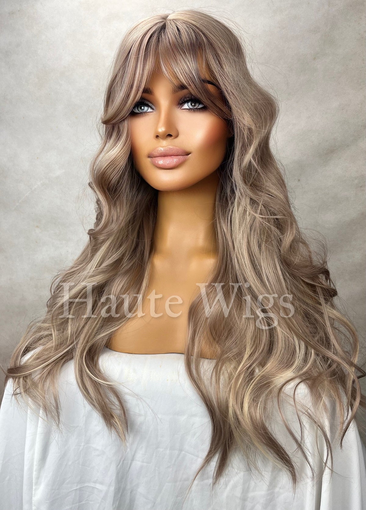 Long Ash Blonde Wig: Wavy Synthetic Wig with Bangs, 24 Inch