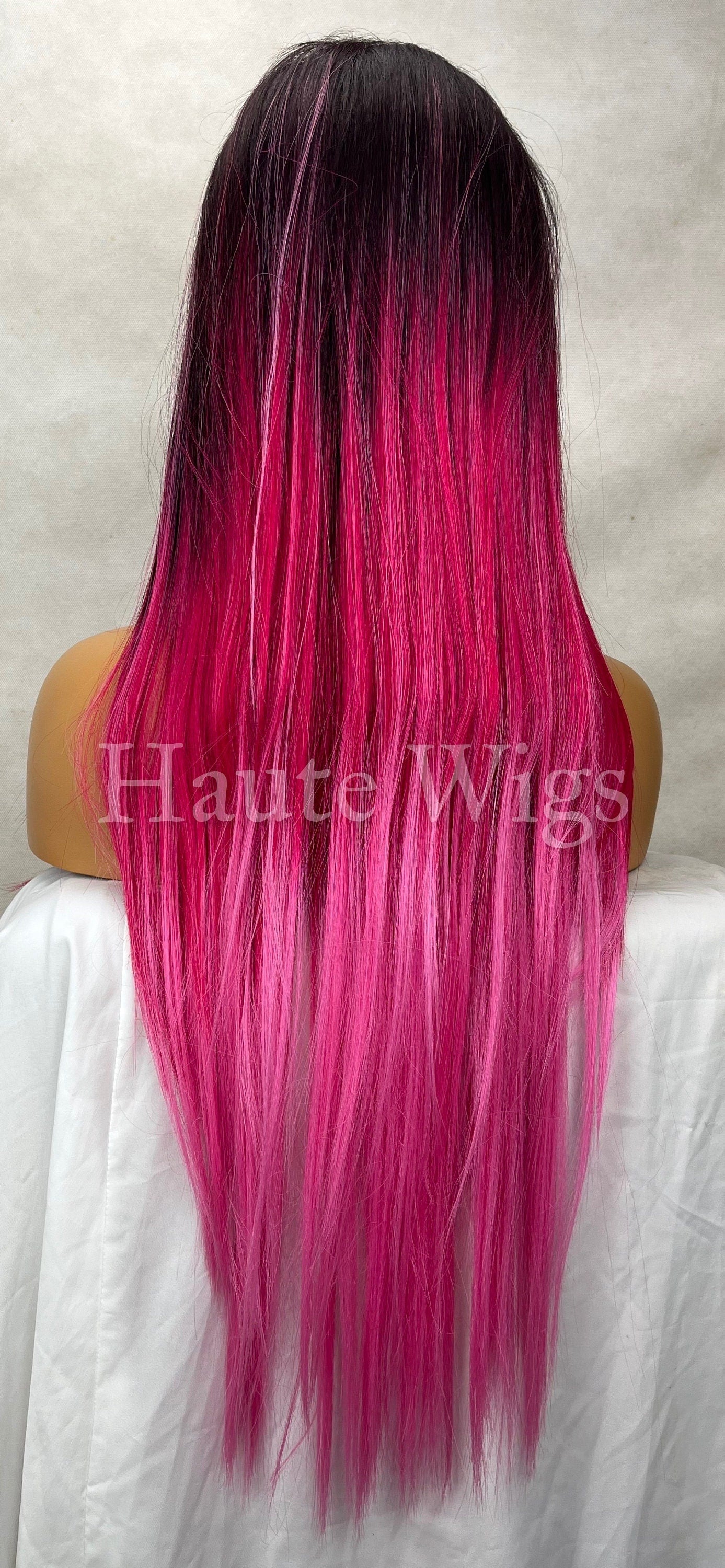 20 Inch Ombre Fuchsia Pink Wig: Human Hair Blend Lace Front