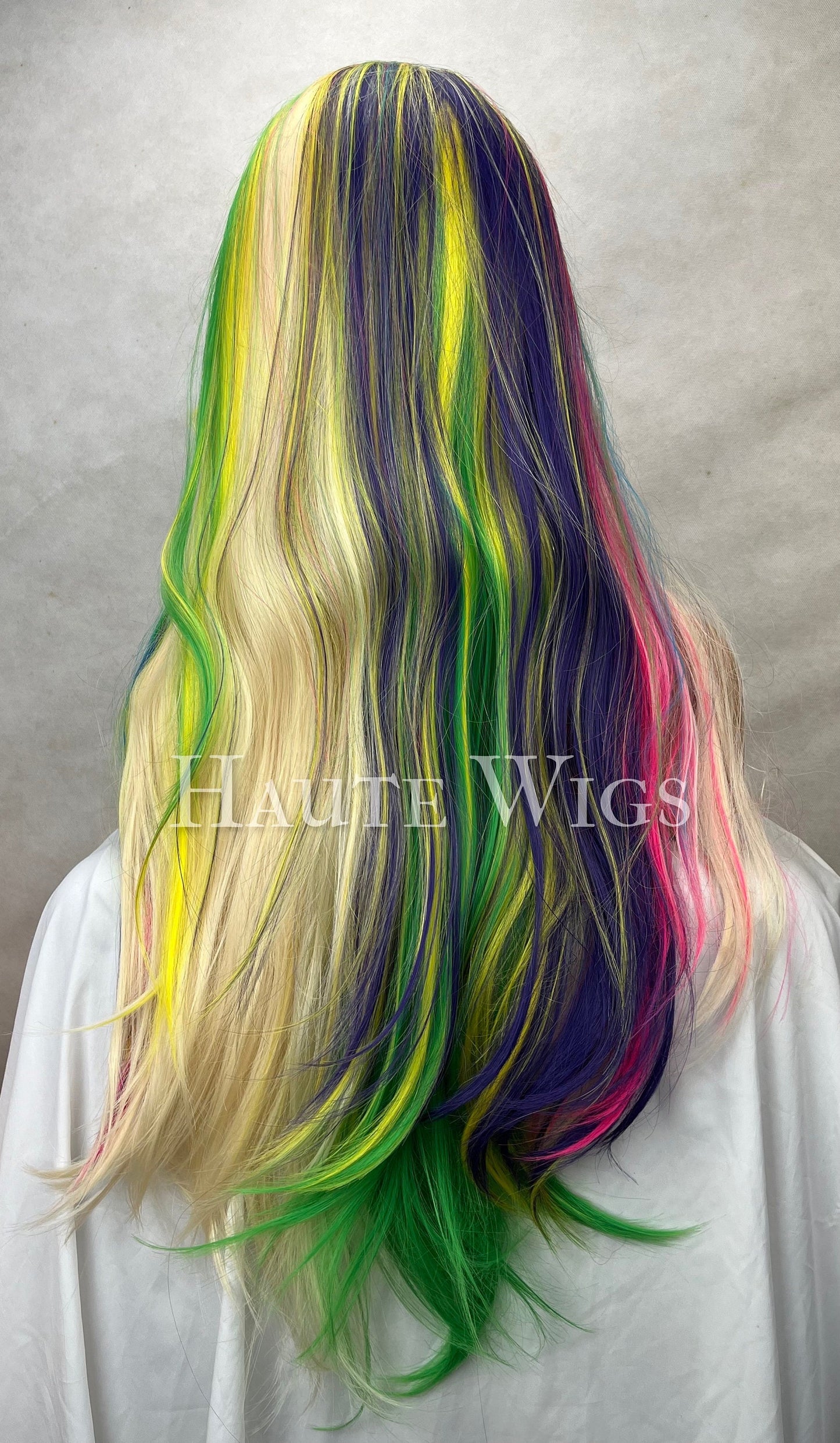 Psychedelic Barbie - Lace front 34 Inch Bright Green Blue Pink Blonde streaks Wig haute straight Wigs Ladies