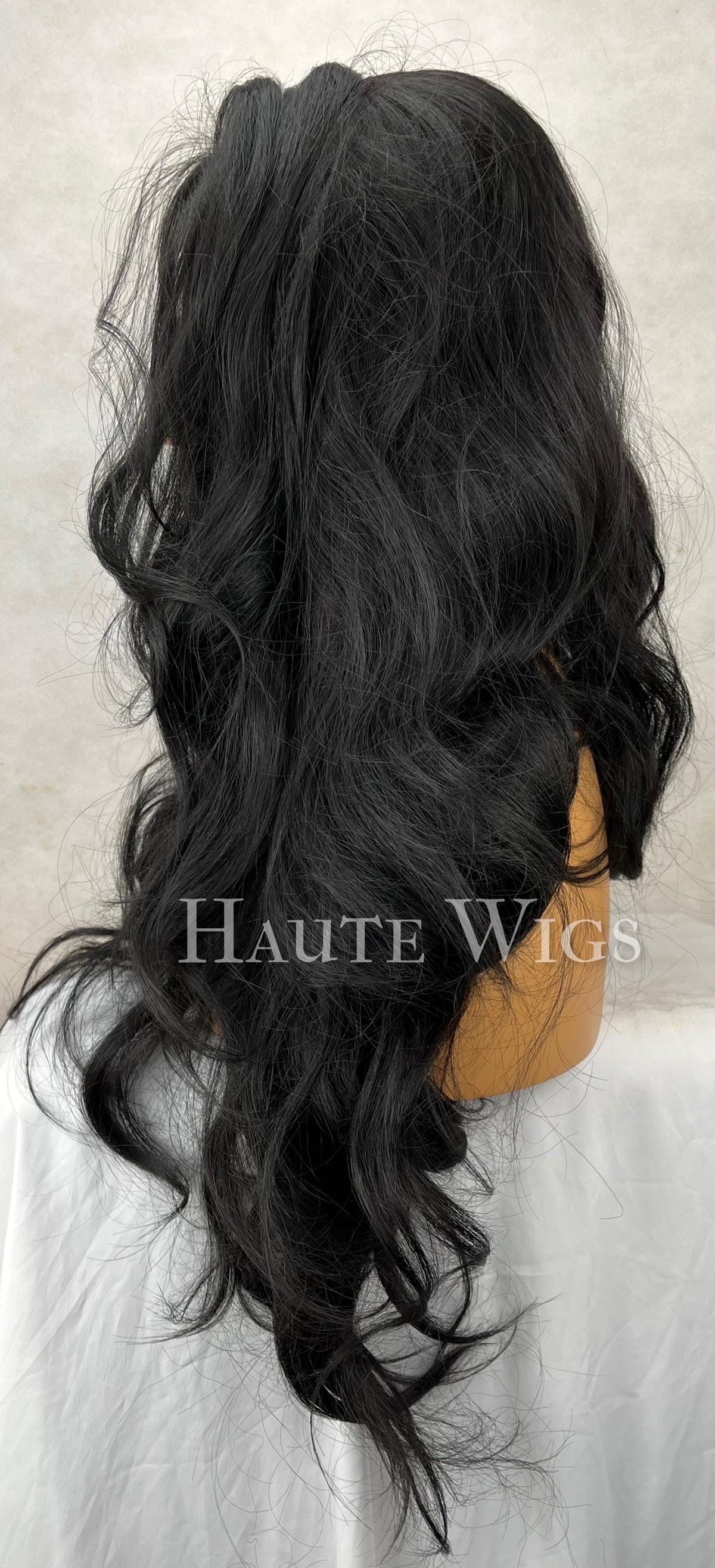 28 Inch Jet Black Curly Wavy Wig: Human Hair Blend, Swiss Lace Front