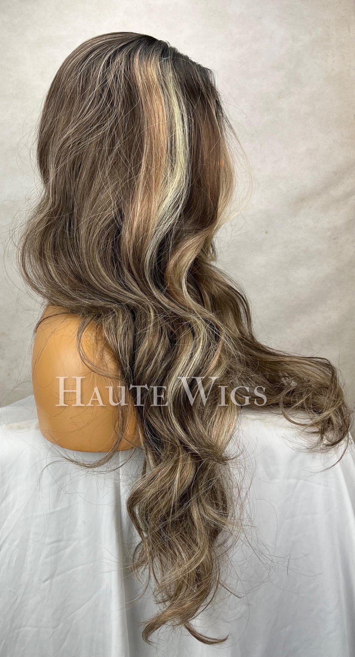26" Brunette Wig: Blonde Highlights, Lace Front, Human Hair Blend