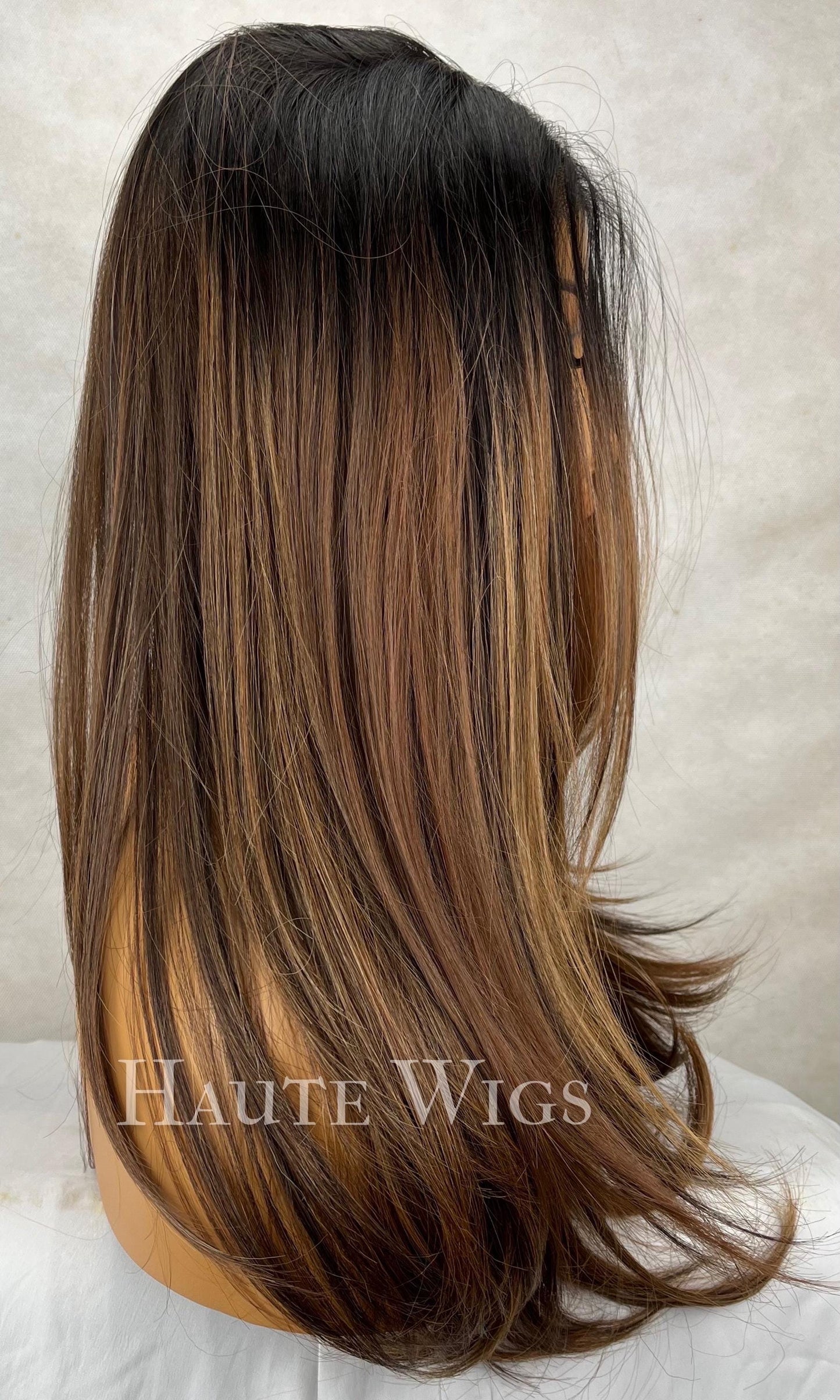Free part 22 Inch Brown Wig: Human Hair Blend, Lace Front, Highlights
