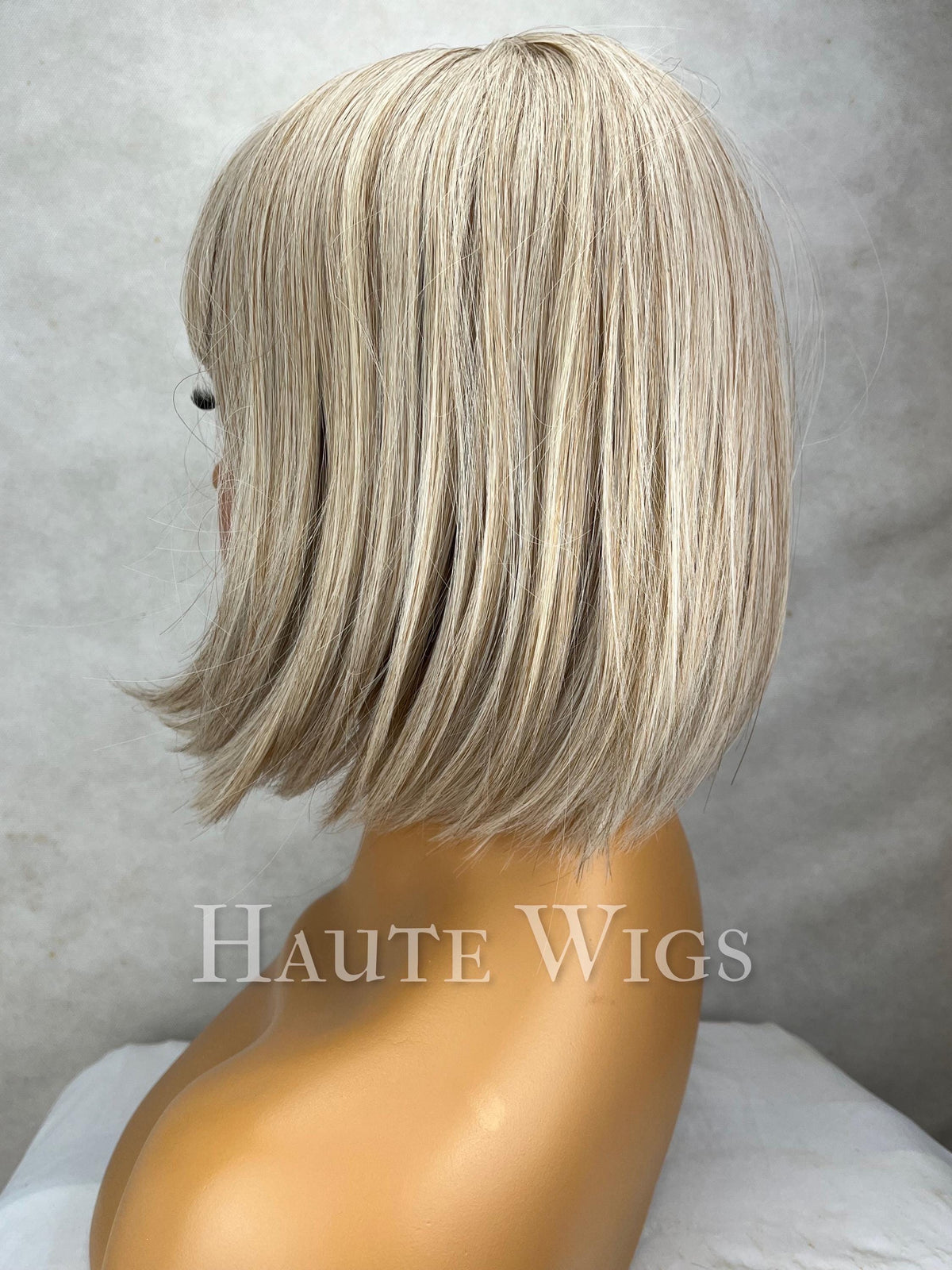 Relentlessly Blonde - 12 Inch Ash Blonde Cool Toned Dirty NO Ombre roots Wig W Fringe Bangs Center Parting Short BOB straight vegan Hair