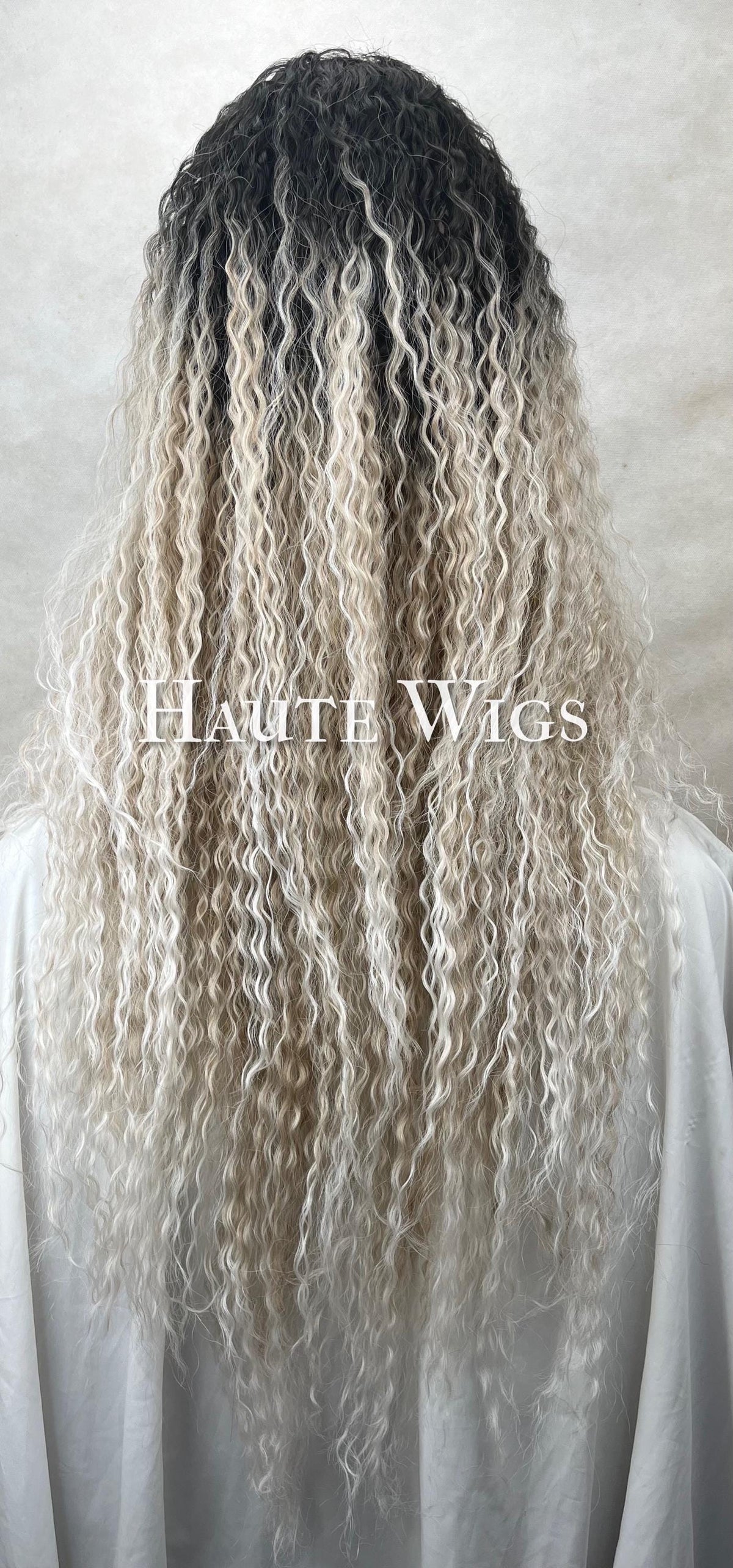 40" Ombre Platinum Blonde Curly Wig: Black Roots Lace Front