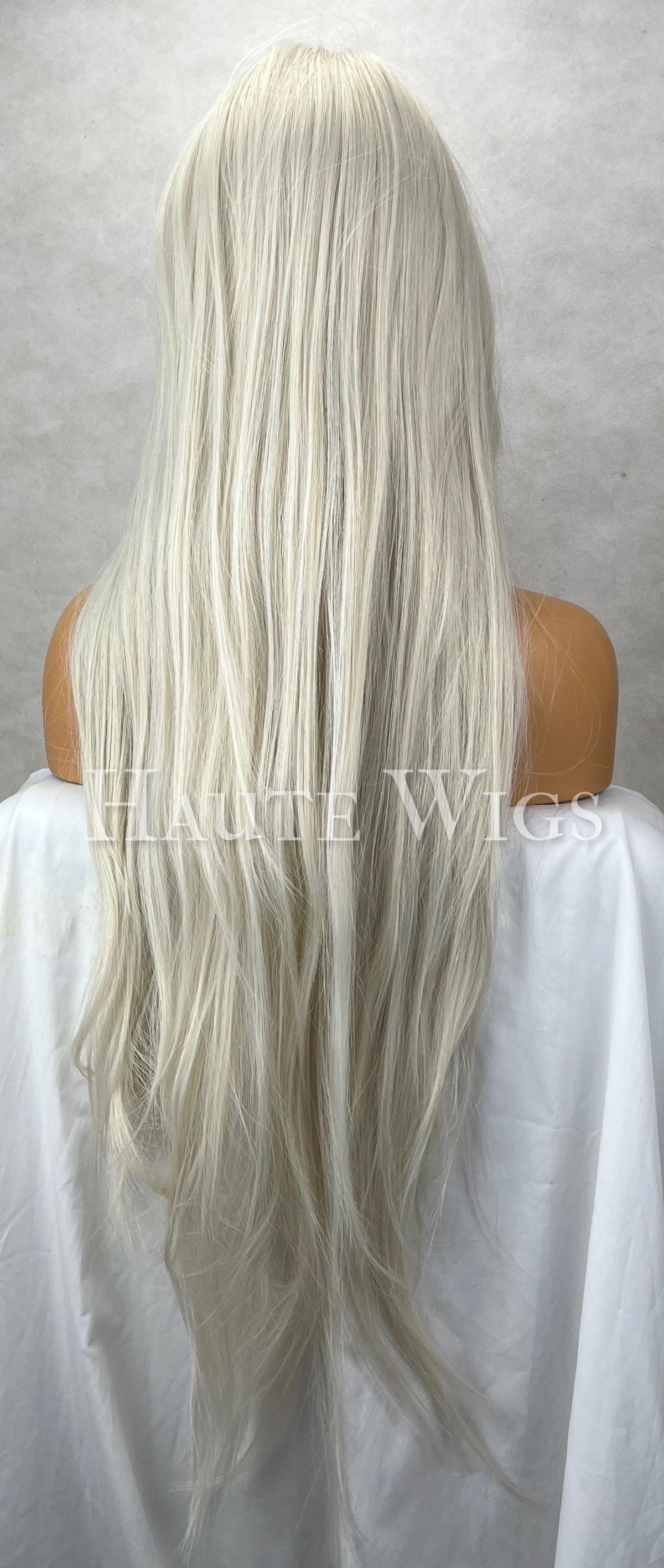 Ash blonde with bangs Long 26 Inches Wig Fringe Bangs Ice Platinum White Peroxide Blonde vegan Hair Blends - role play Gift For Her