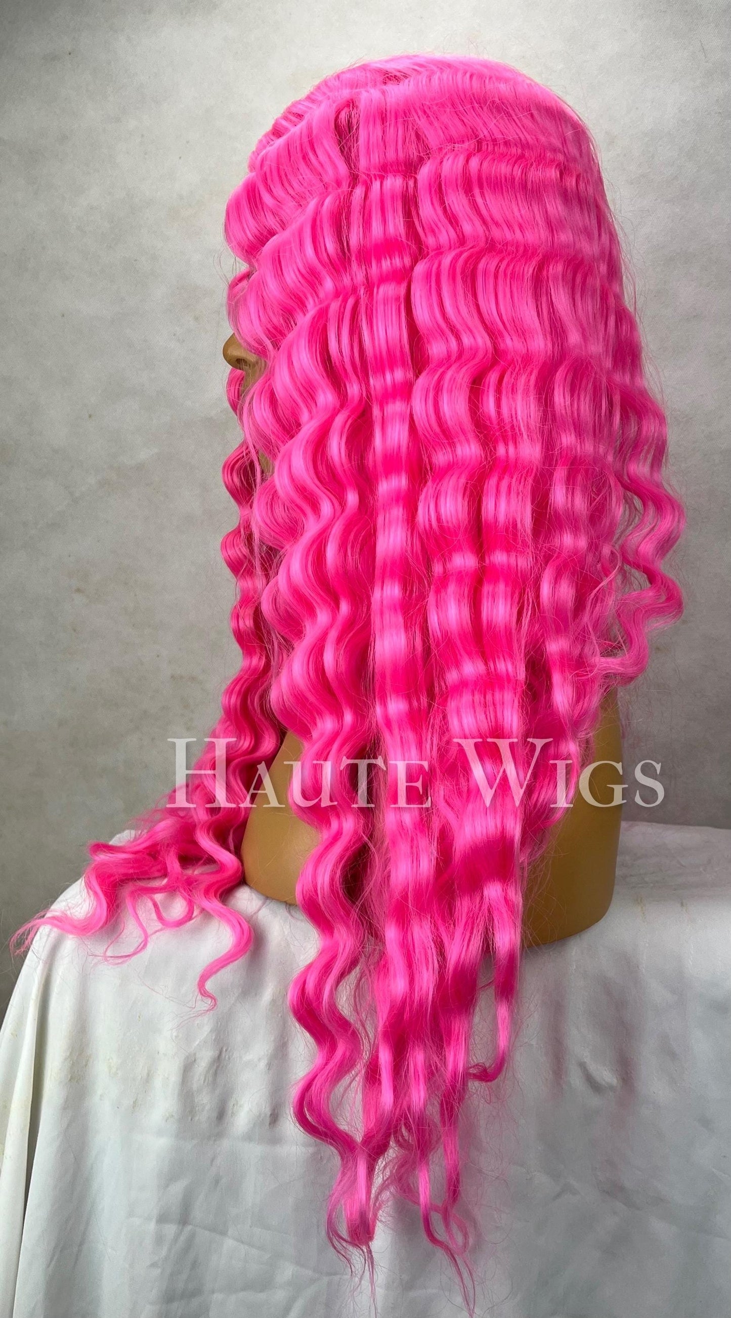 Shocking - 26 inch Neon Pink Wavy Lace Front Wig vegan water waves curles