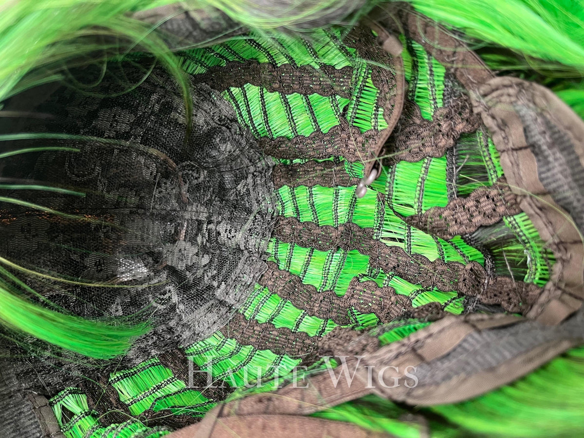 Black and Green 16" Ombre Wig: short Neon Green, vegan with bangs NO Lace Front celebrity inspo