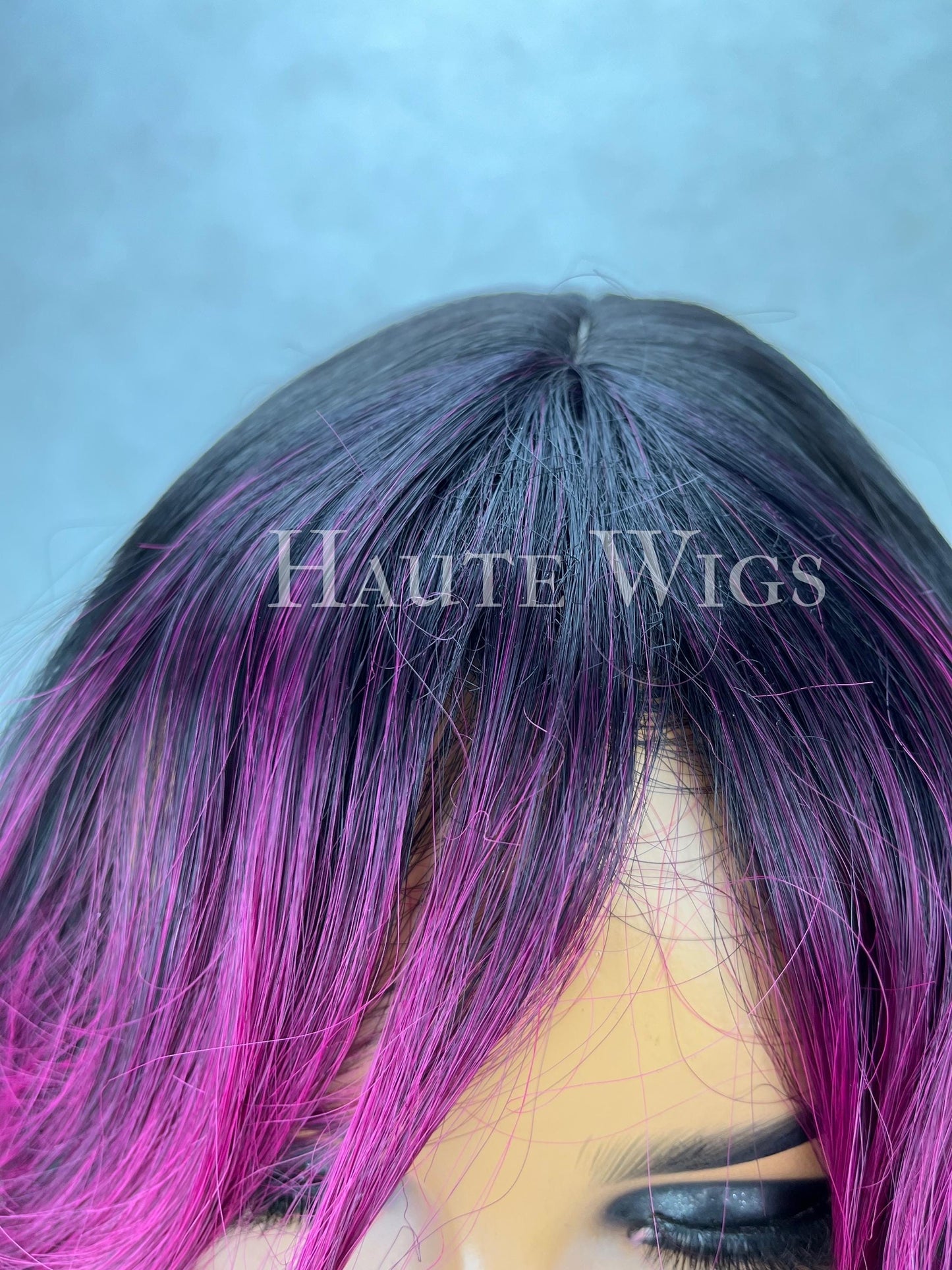 Gigi - 20 Inch Black & fuchsia neon pink highlights streaks Wig Long Straight Layered Womens Wig Haute wigs Role Play Emo hair
