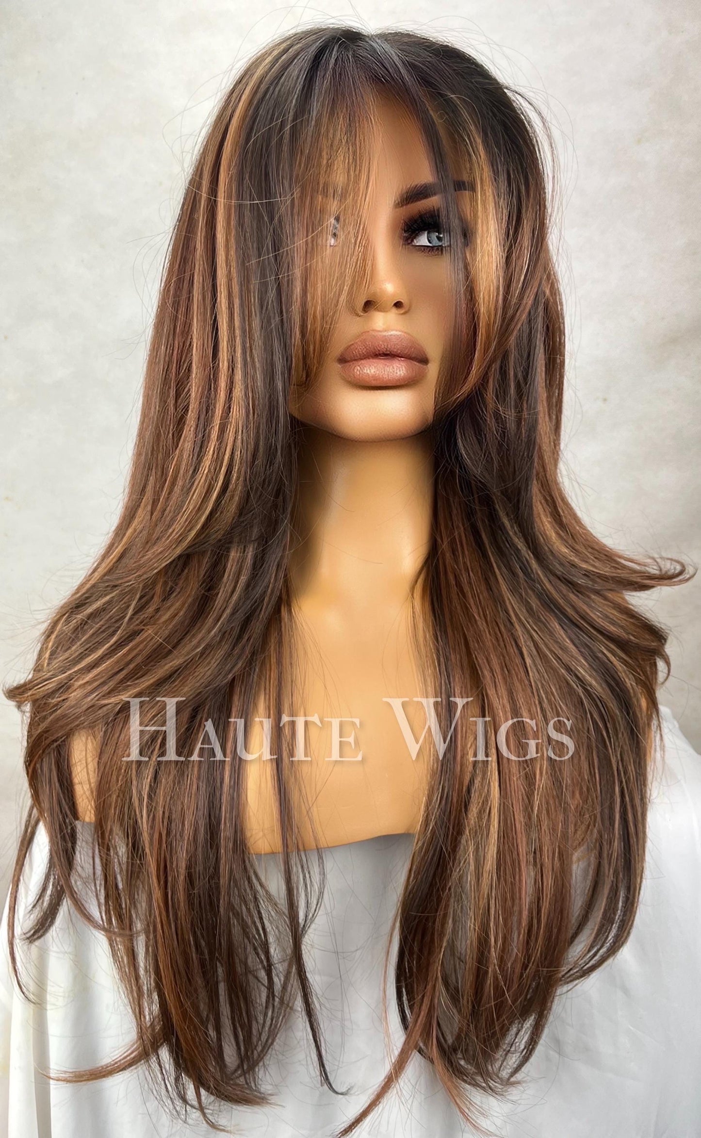 Monaco - Free part wide 26 Inch Brown Wig: Human Hair Blend, Lace Front, golden bronze Highlights