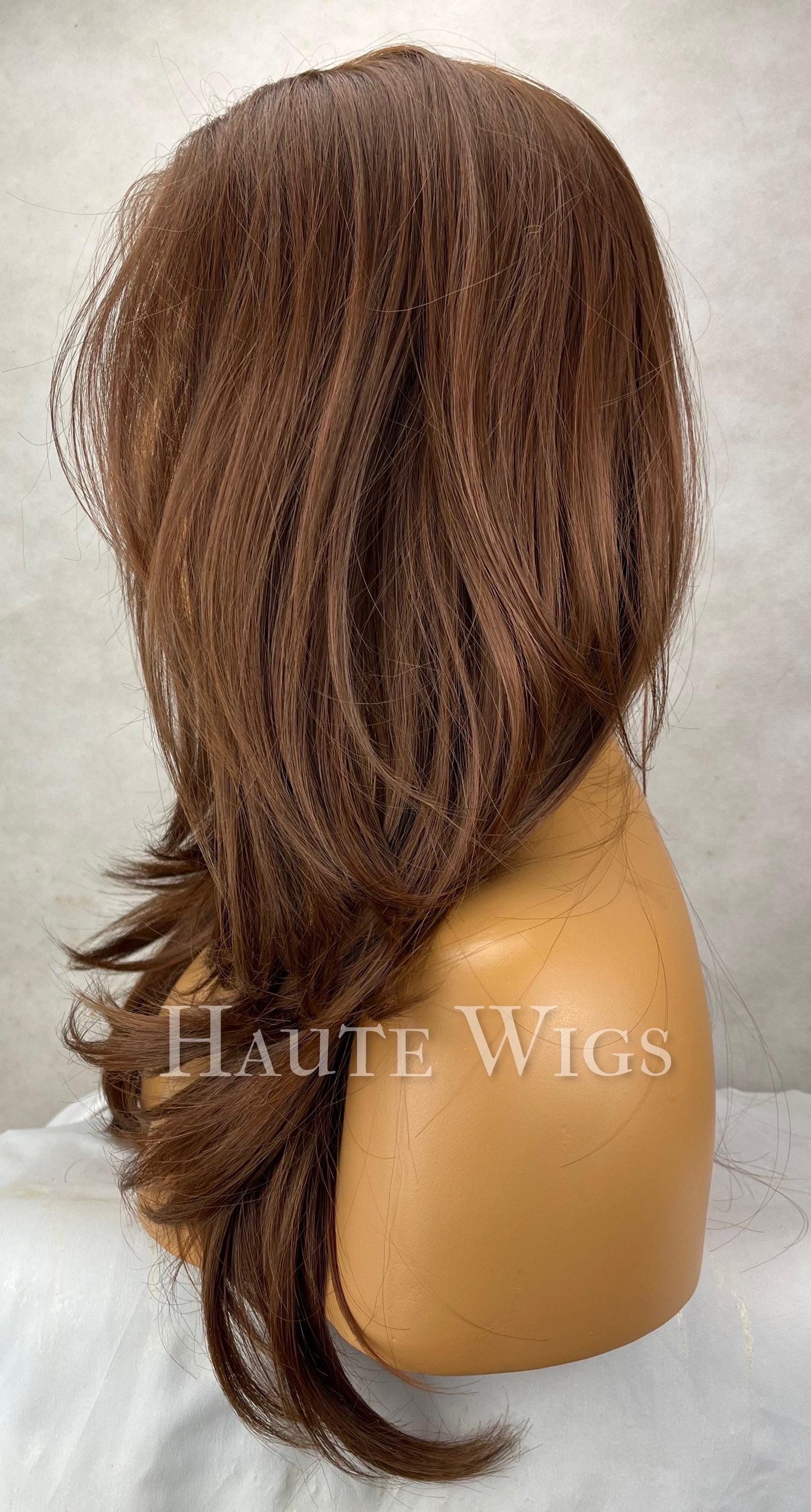 Free part 22 Inch red tone Brown Wig: Human Hair Blend, Lace Front, No highlights