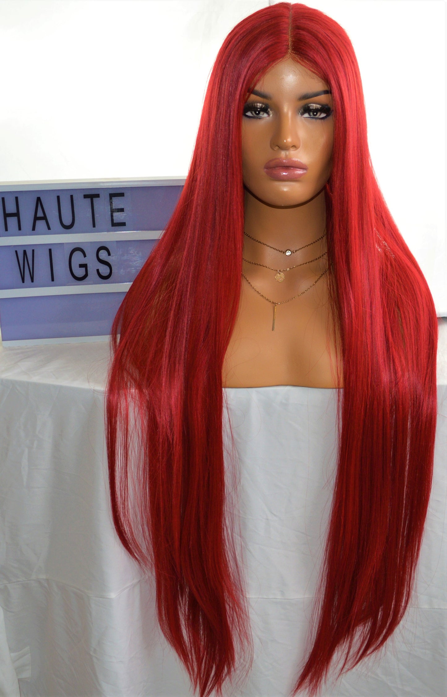 Erotic Red XXX Long 40 Inches Lace Front Human Hair Womens Wig Ladies Sexy Red Luxury Baby Hairs Center Parting Straight Wigs