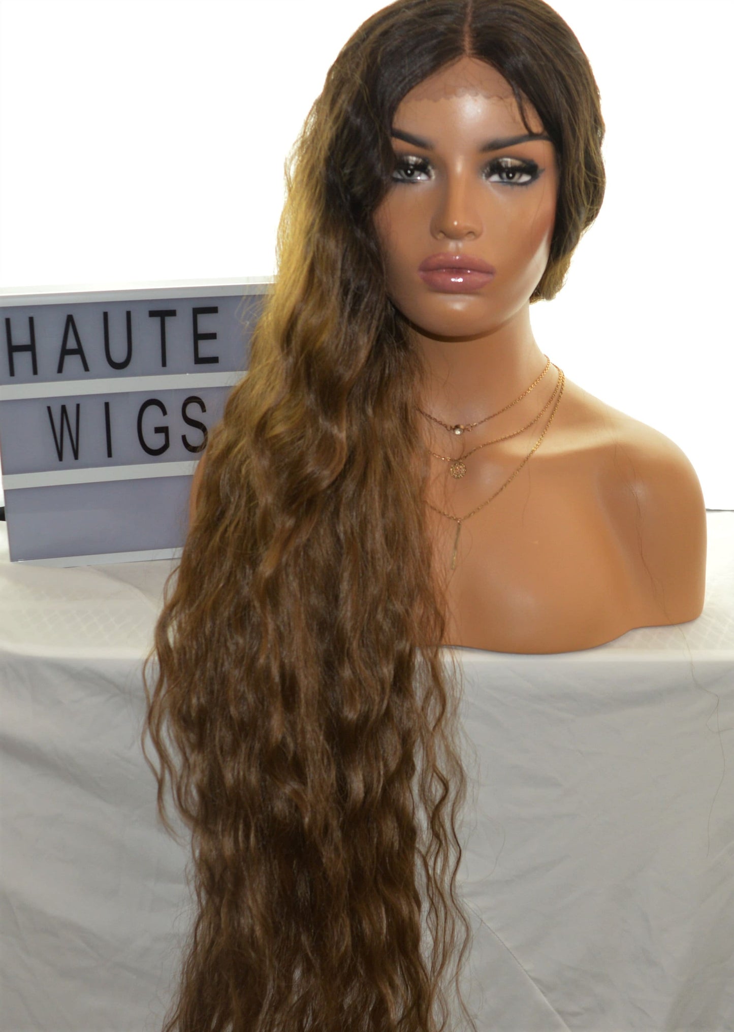 Wavy XXX Long 42 Inches Lace Front Wig Ombre Dark Brown Human Hair Womens Wigs