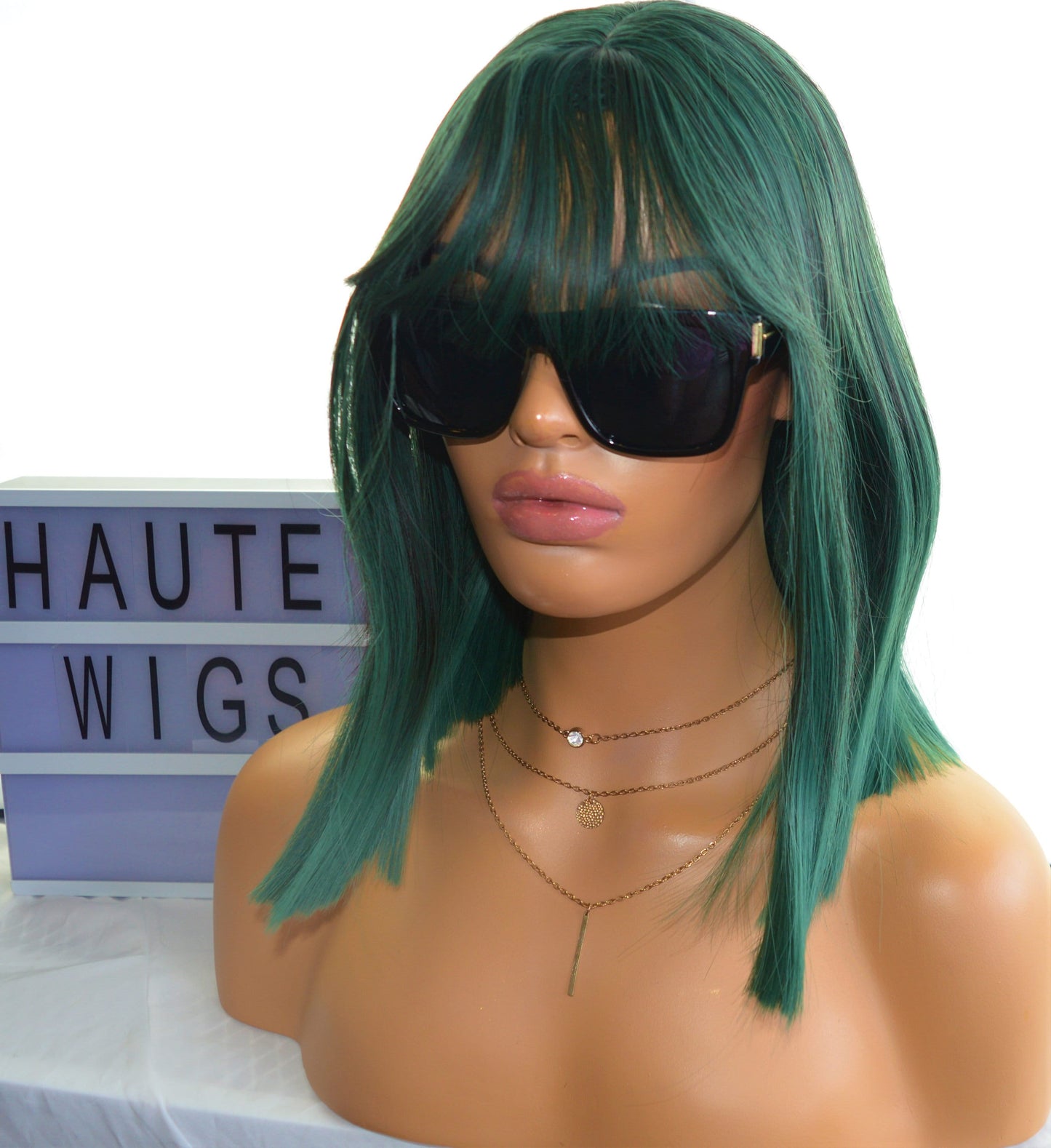 EMERALD GREEN Blunt Cut Wig Straight Layered Short Unisex Womens Wig BOB Synthetic Hair Dark Fringe Bangs Heat Resistant