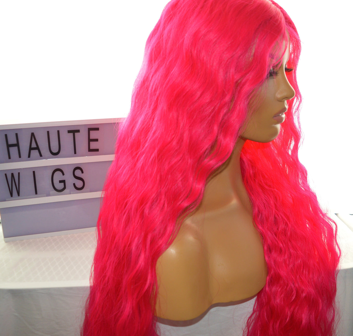 NEON ELECTRIC Pink Wavy XXX Long 42 Inches Lace Front Wig Deep Rich Fuchsia Pink Stunning Human Hair Curly Center Parting Baby Hairs