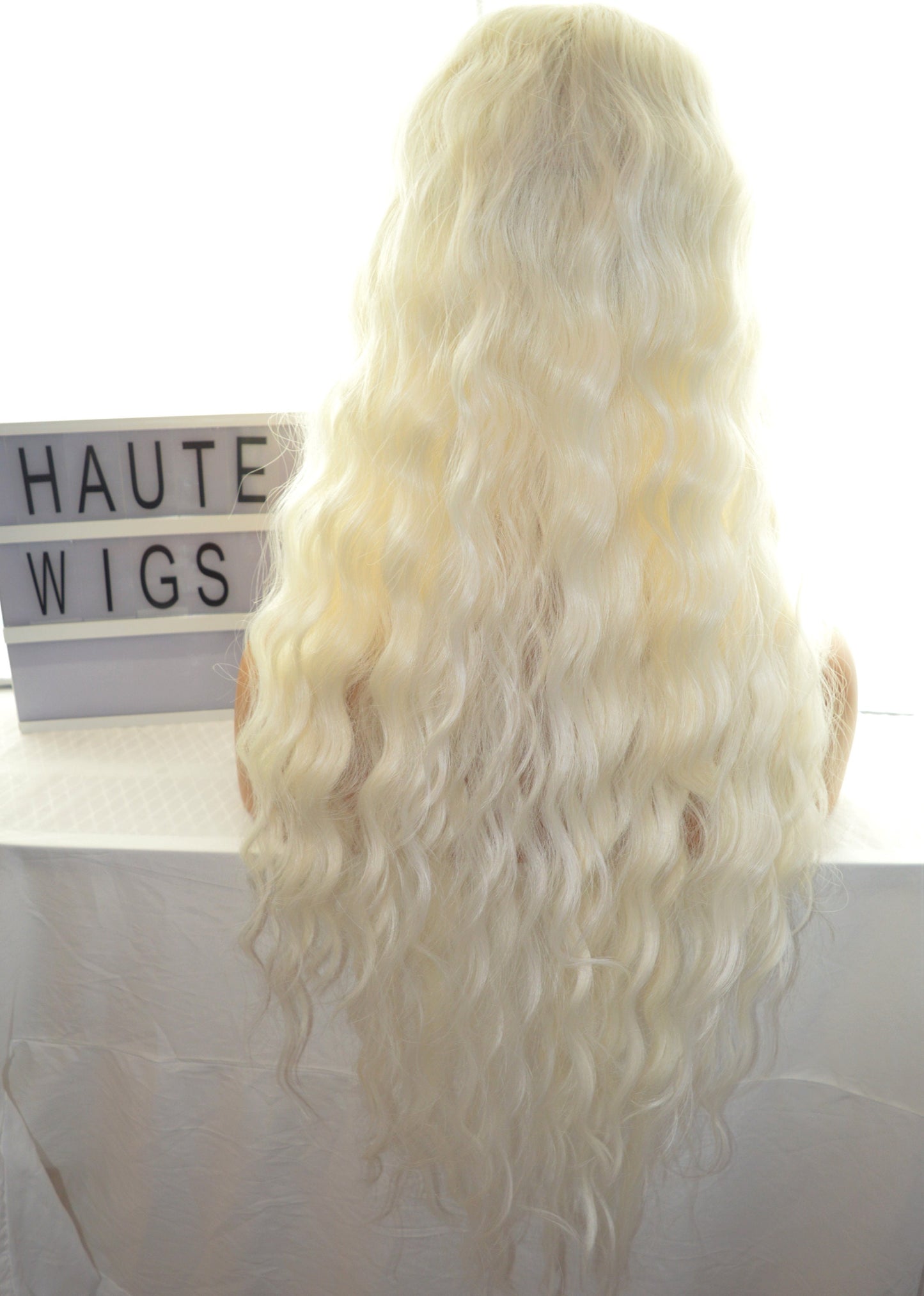 Wavy Curly Long 30 Inches Wig Fringe Bangs Center Part Ice Platinum Peroxide Blonde Human Hair Blends