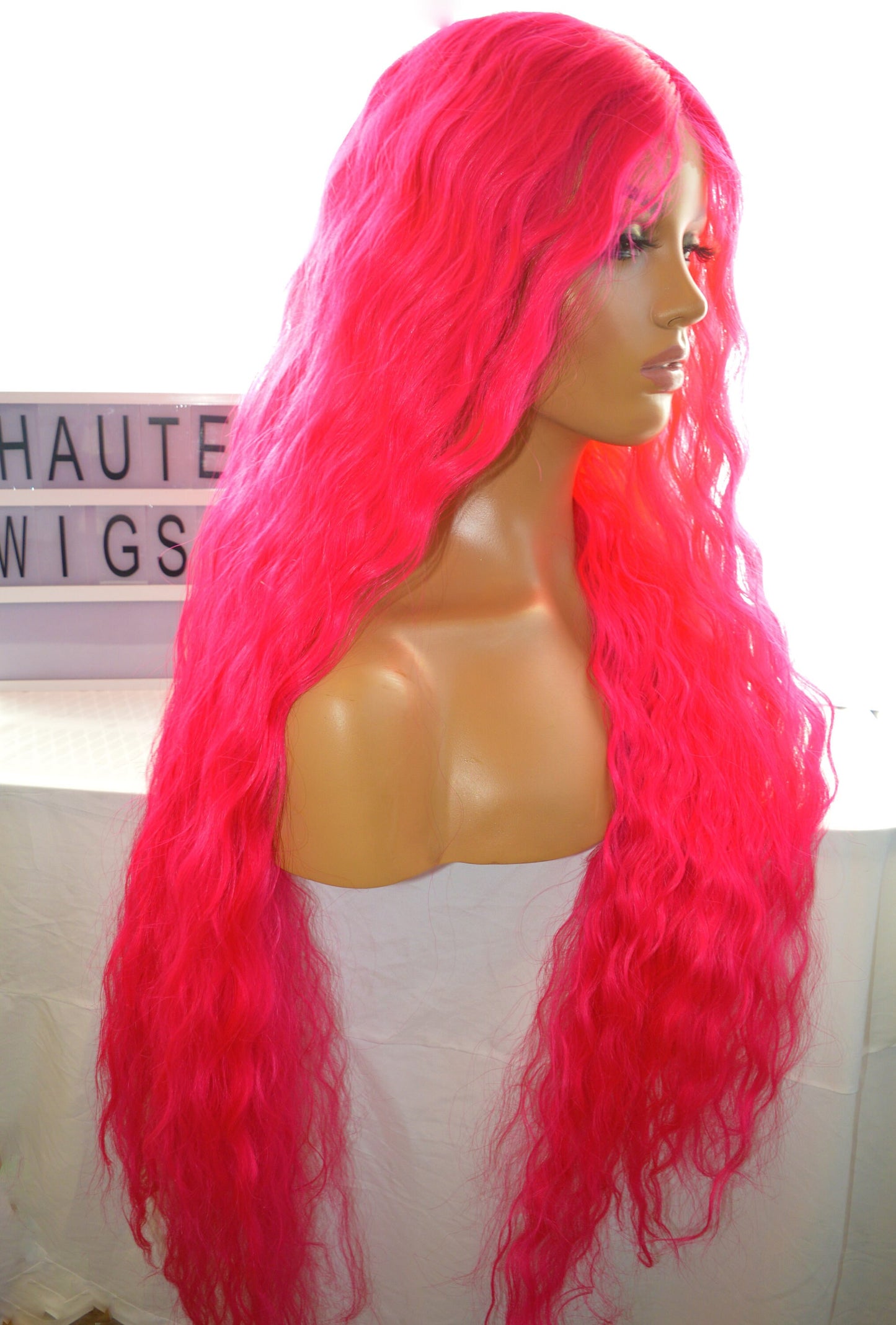 NEON ELECTRIC Pink Wavy XXX Long 42 Inches Lace Front Wig Deep Rich Fuchsia Pink Stunning Human Hair Curly Center Parting Baby Hairs