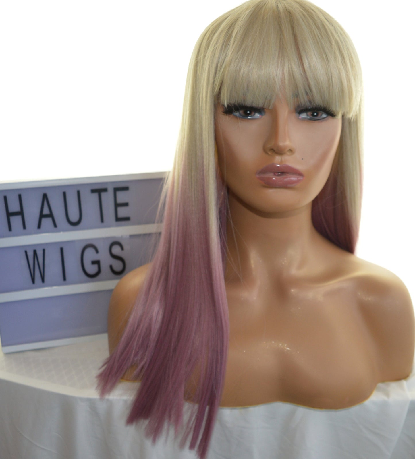 18 Inch Blunt Straight Short BOB Wig Ombre 613 Light Blonde To Lilac Pink Rose Gold Dip Dye Womens Human Hair W Fringe Bangs Ladies Wigs