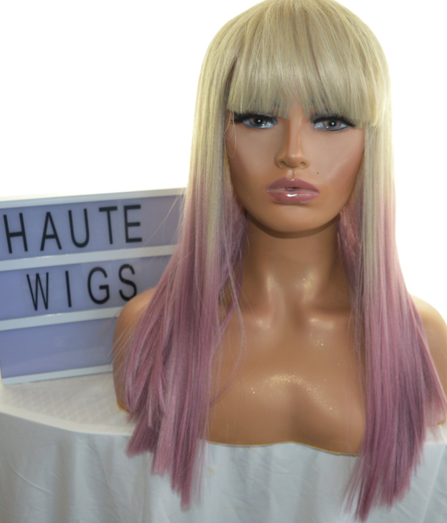18 Inch Blunt Straight Short BOB Wig Ombre 613 Light Blonde To Lilac Pink Rose Gold Dip Dye Womens Human Hair W Fringe Bangs Ladies Wigs