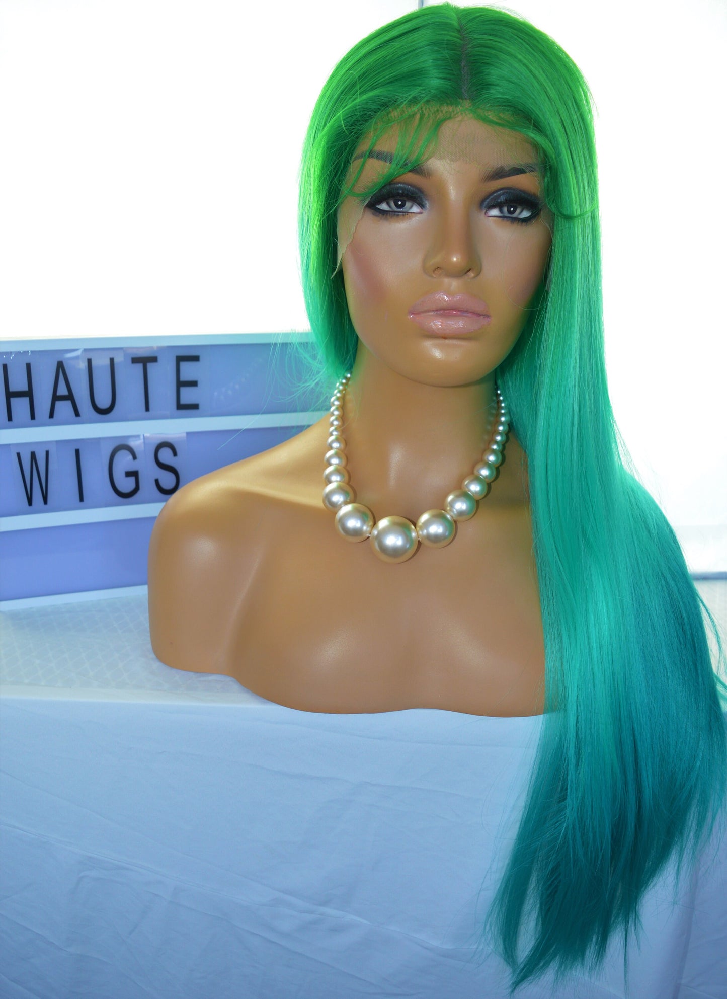 28 Inch Ombre Bright Neon Green Teal Turquoise Blue Gradient Wig Lace Front Long Straight Human Hair Blends Wigs Ladies Eye Catching