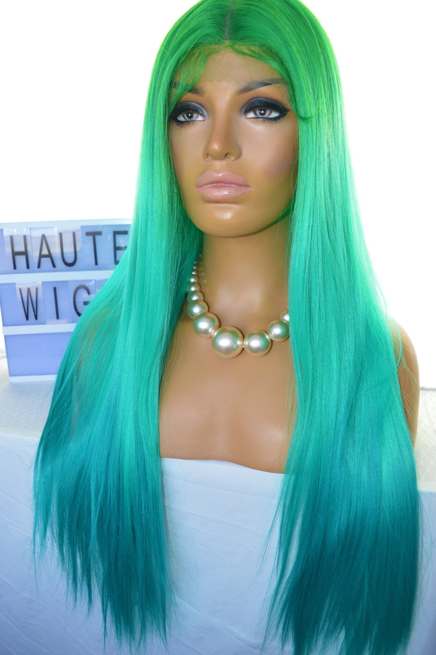 28 Inch Ombre Bright Neon Green Teal Turquoise Blue Gradient Wig Lace Front Long Straight Human Hair Blends Wigs Ladies Eye Catching