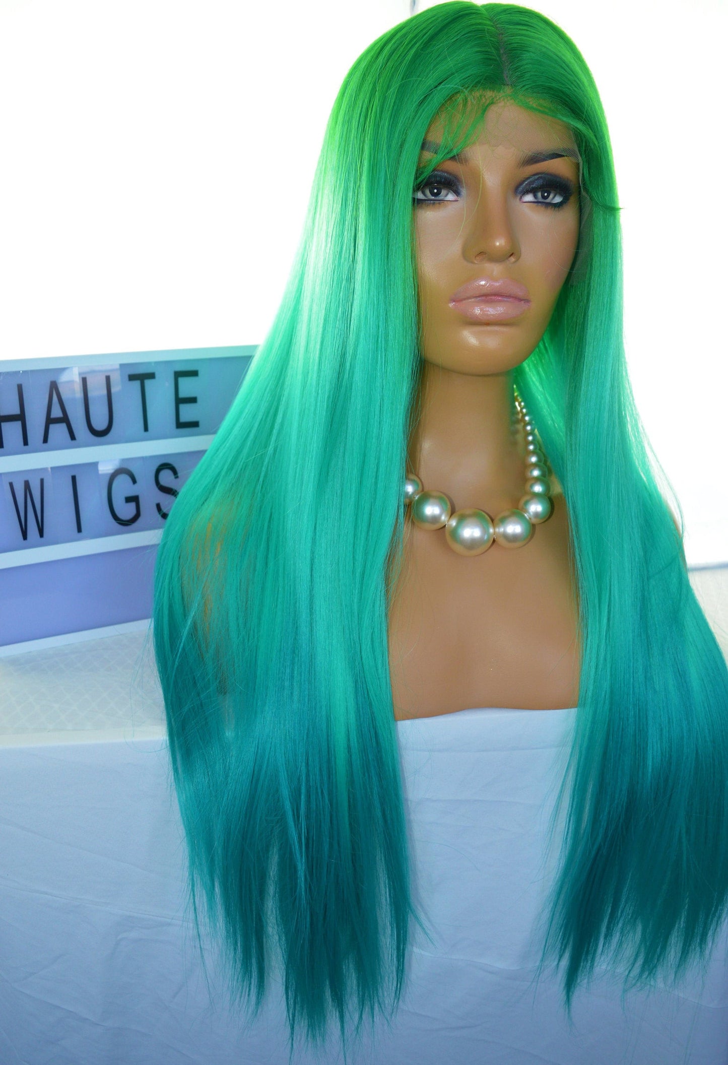 28 Inch Ombre Bright Neon Green Teal Turquoise Blue Gradient Wig Lace Front Long Straight Human Hair Blends Wigs Ladies Eye Catching