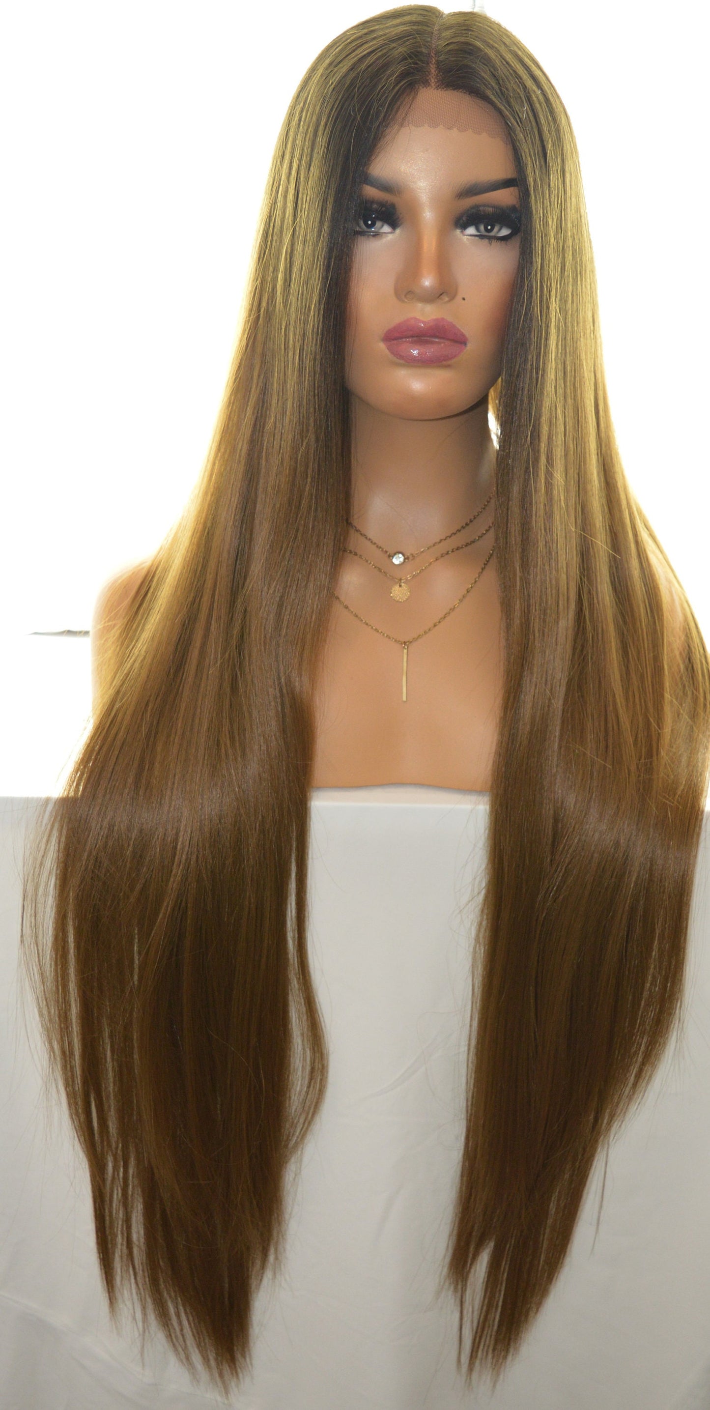 XXX Extra Long Straight Wig 40 Inches Lace Front Wigs Ombre Brunette Rich Brown Human Hair Blends Womens Ladies Hair Amazing
