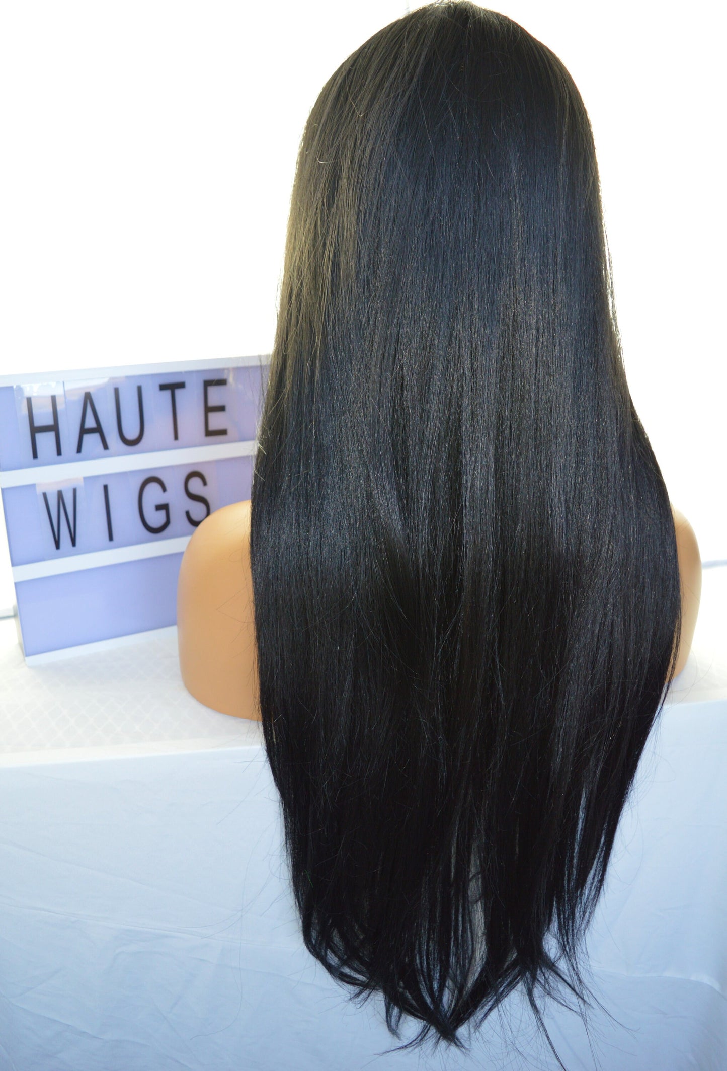 Elegant 26 Inch Jet Dark Black Long Straight Layered Wig Fringe Bangs Thick & Full New Synthetic Human Hair Blends No Lace Front