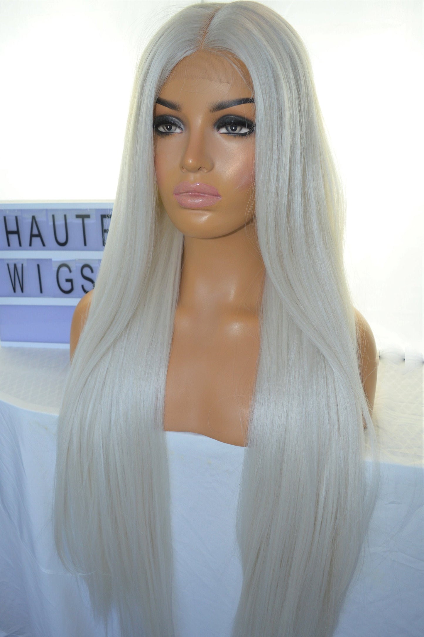 XXX LONG Ash Light Platinum Blonde Pale Cool Silver Tone Womens Long Wig Lace Front Realistic Human Hair Blends Straight Ladies Wig Gift