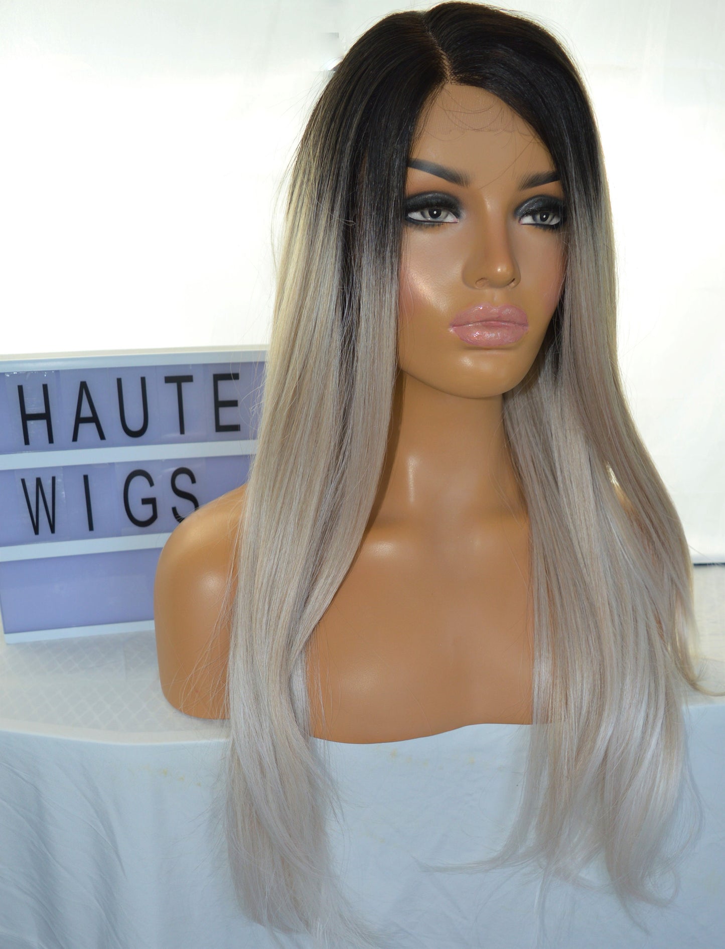 24 Inches Long Luxury Lace Front Human Hair Blends Wig Womens Side Parting Wigs Platinum Silver Blonde Ombre Hair Gift For Her
