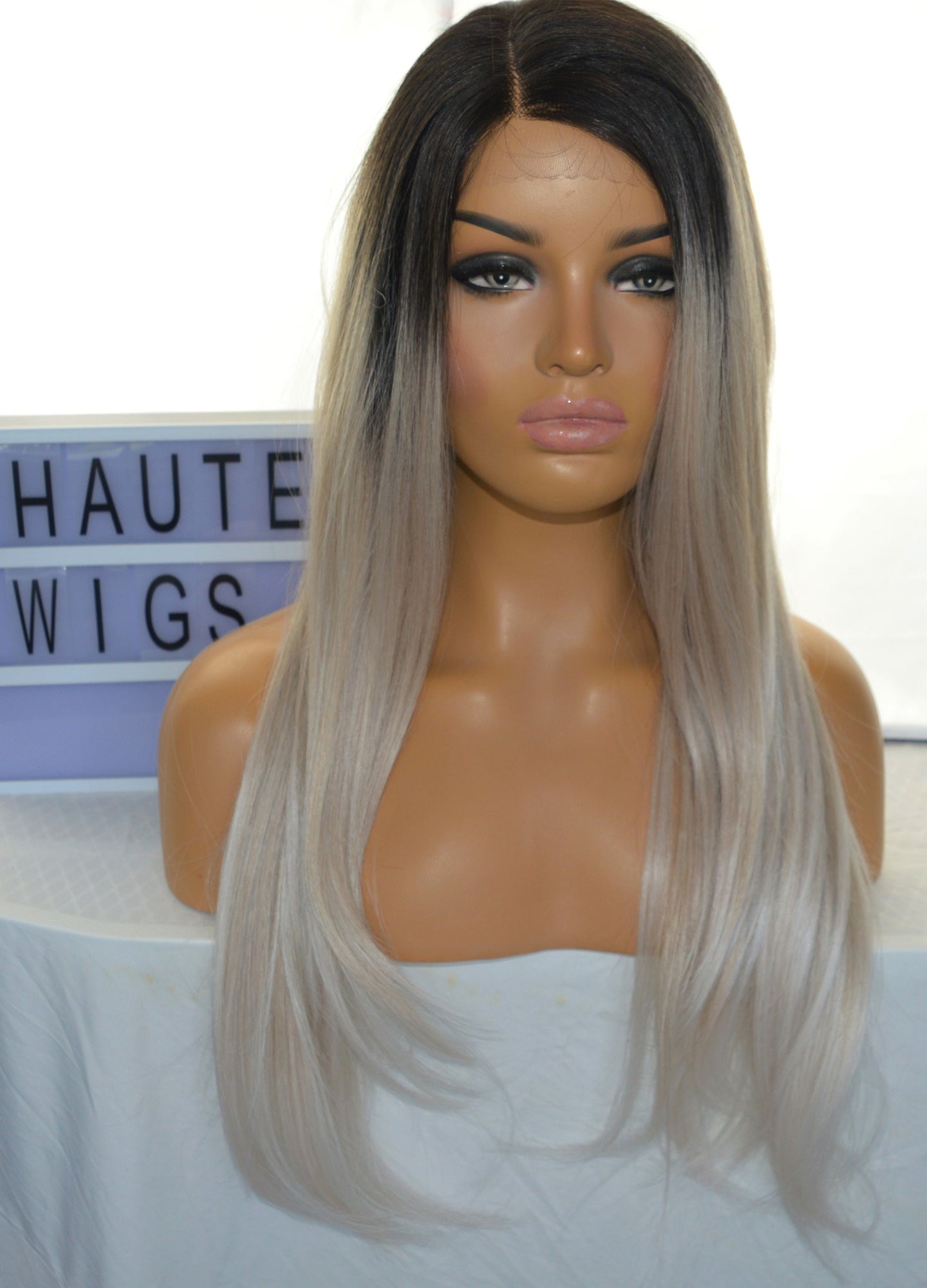 24 Inches Long Luxury Lace Front Human Hair Blends Wig Womens Side Parting Wigs Platinum Silver Blonde Ombre Hair Gift For Her