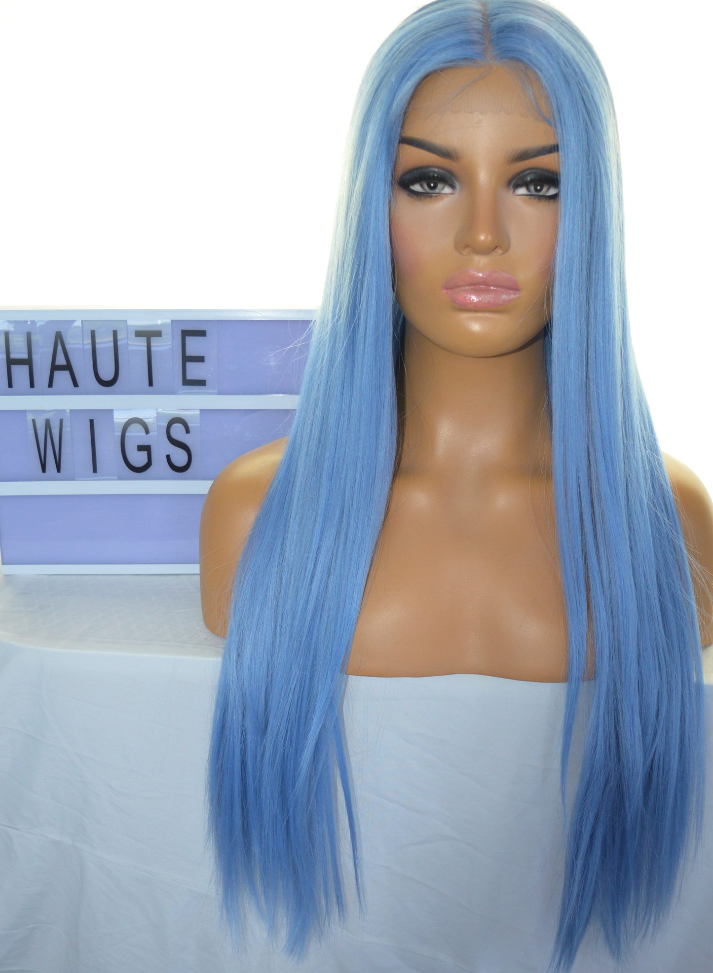 Azura Icy Baby Sky Blue Wig Straight Light Blue Wig Lace Front T Part Human Hair Blends Synthetic Wig Ladies Womens Luxury Wigs