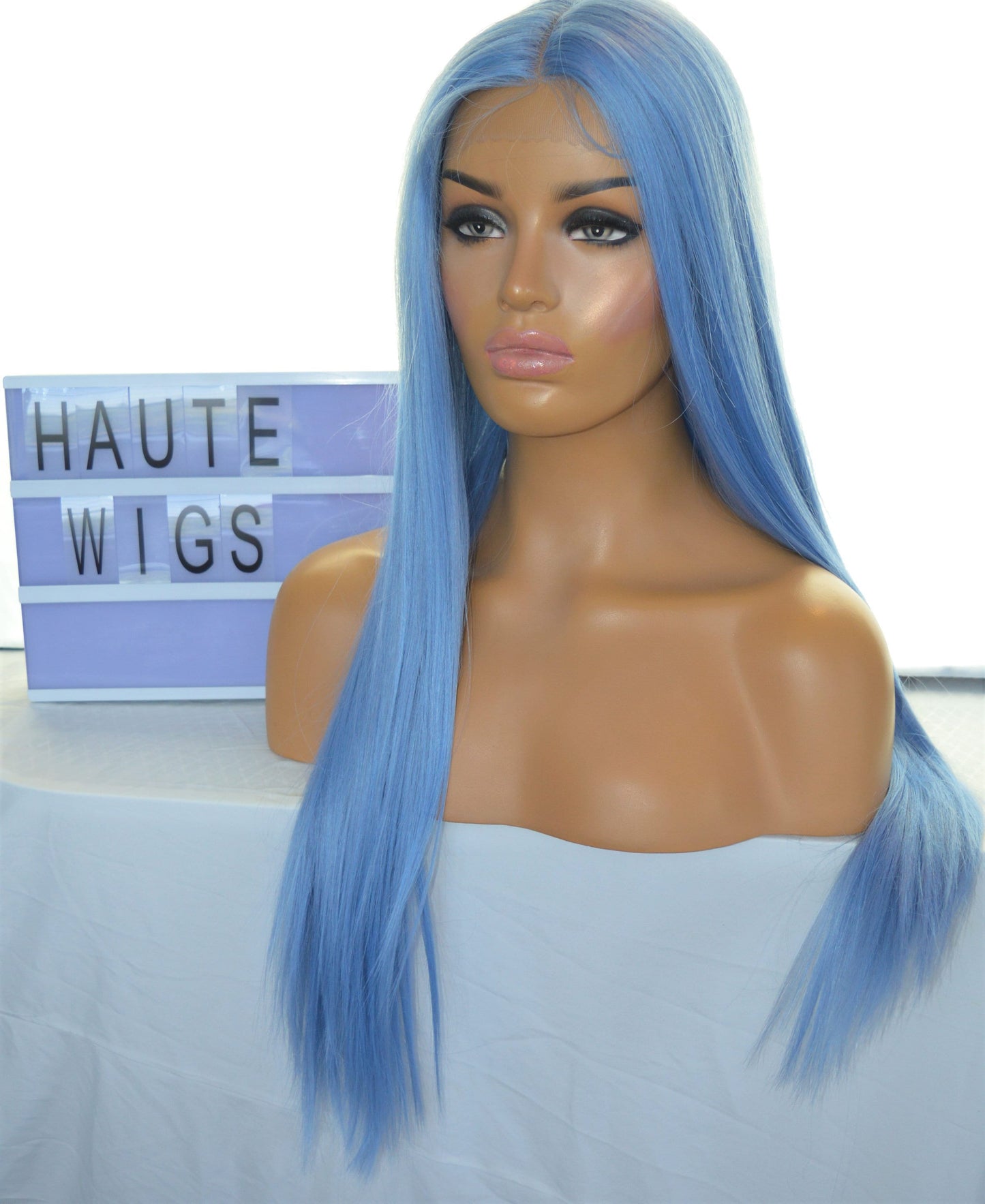 Azura Icy Baby Sky Blue Wig Straight Light Blue Wig Lace Front T Part Human Hair Blends Synthetic Wig Ladies Womens Luxury Wigs