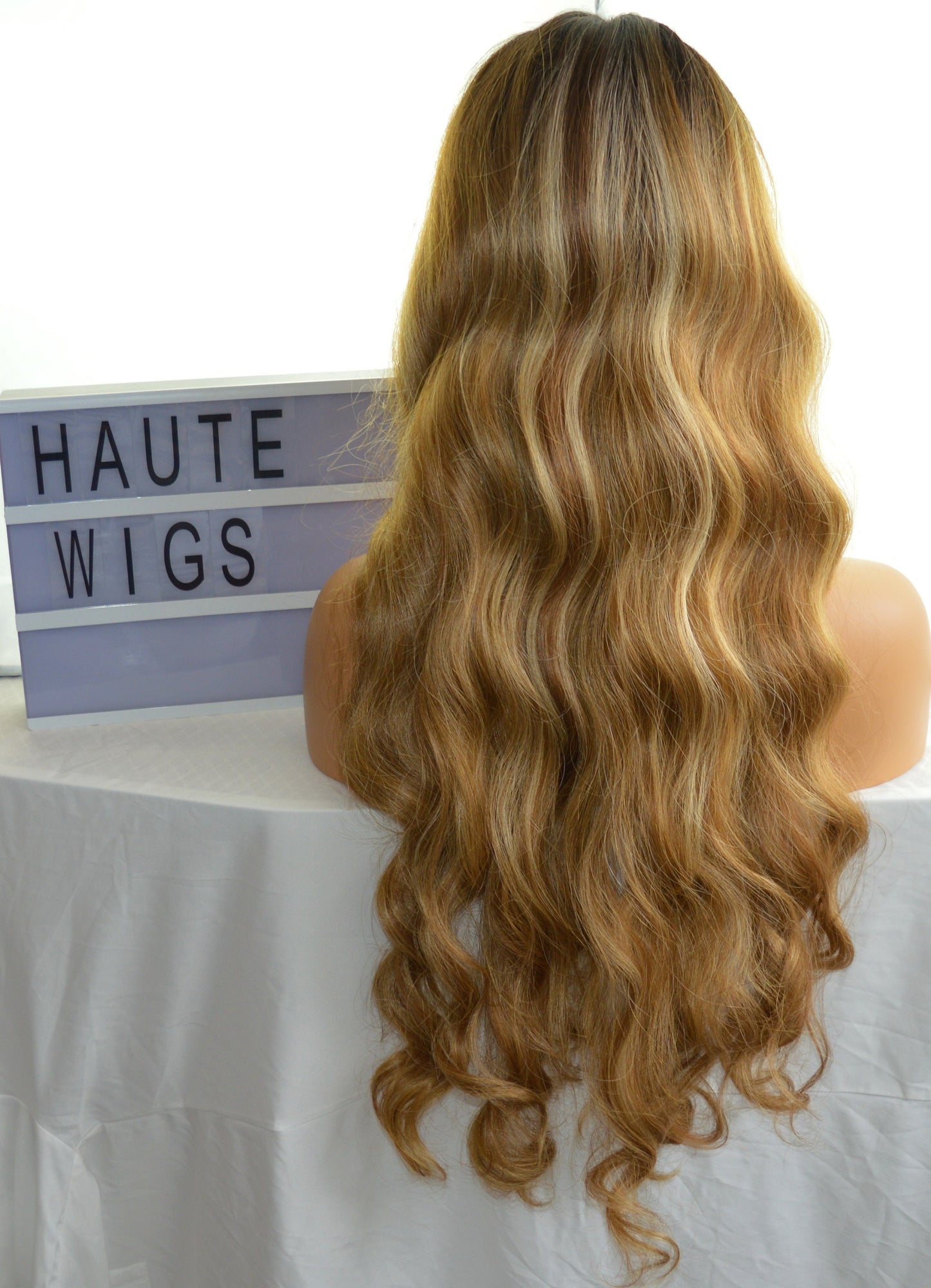 Fantasy XXX 40 Long Ombre Wavy Dark Blonde Brown Wig Pre Cut Lace Front Human Hair Blends Wig Ladies Womens Luxury Center Parting Curly
