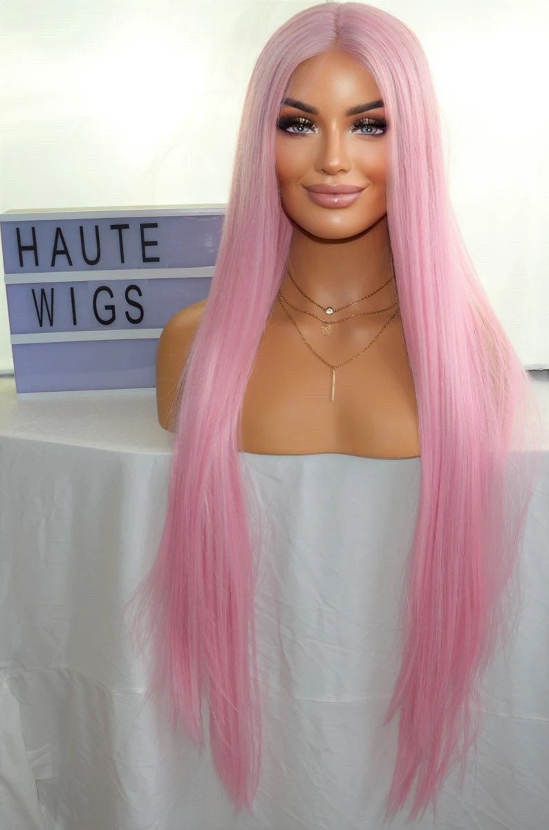 Angel XXX Long 40 Inches Lace Front Human Hair Womens Wig Ladies Cotton Candy Light Pink Luxury Baby Hairs Center Parting Straight Wigs