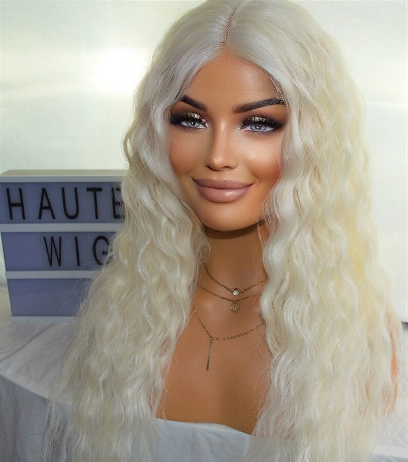 Wavy Curly Long Wig Lace Front Center Part Ice Platinum Peroxide Blonde Human Hair Blends