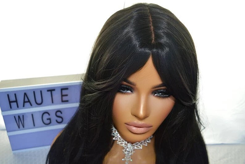 Elegant 26 Inch Jet Dark Black Long Straight Layered Wig Fringe Bangs Thick & Full New Synthetic Human Hair Blends No Lace Front