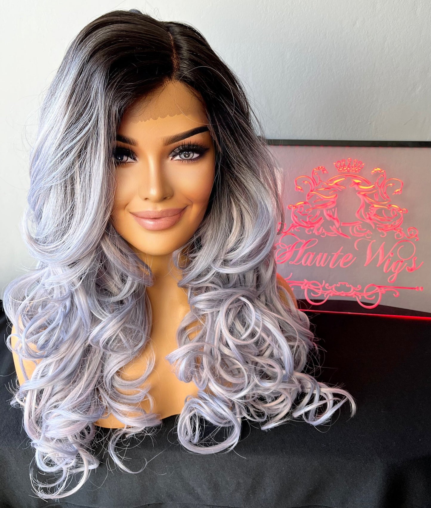 Wavy Long 22 Inch Human Hair synthetic Mix Blends Lace Front Womens Wig Silver Grey Ombre Brazilian Body Wave Ladies Style Wigs Side Parting