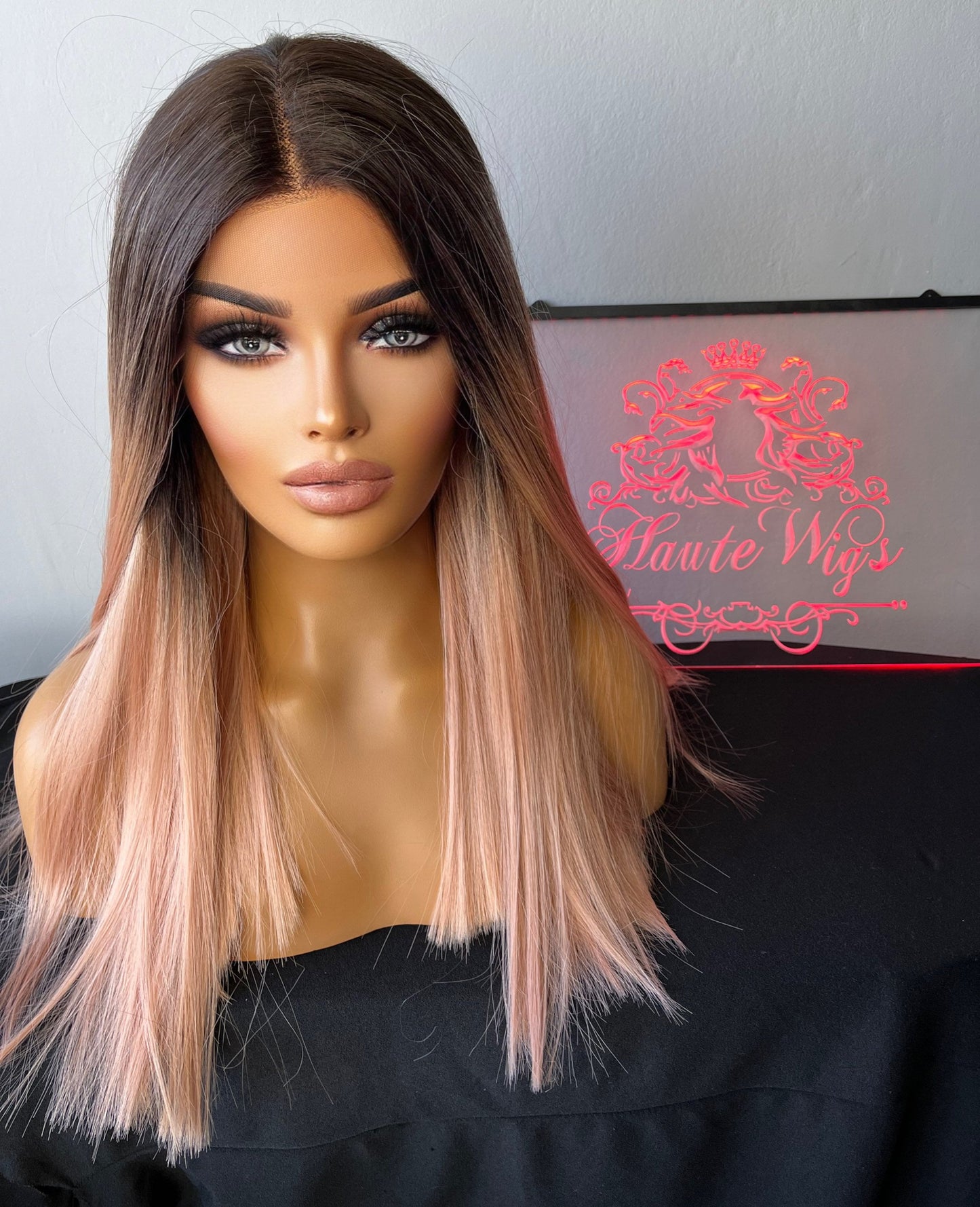 20 Inch Long Straight Rose Gold Pink Dark Roots Ombre Wig Womens Ladies Lace Front Human Hair Synthetic Blend Wigs Center Parting