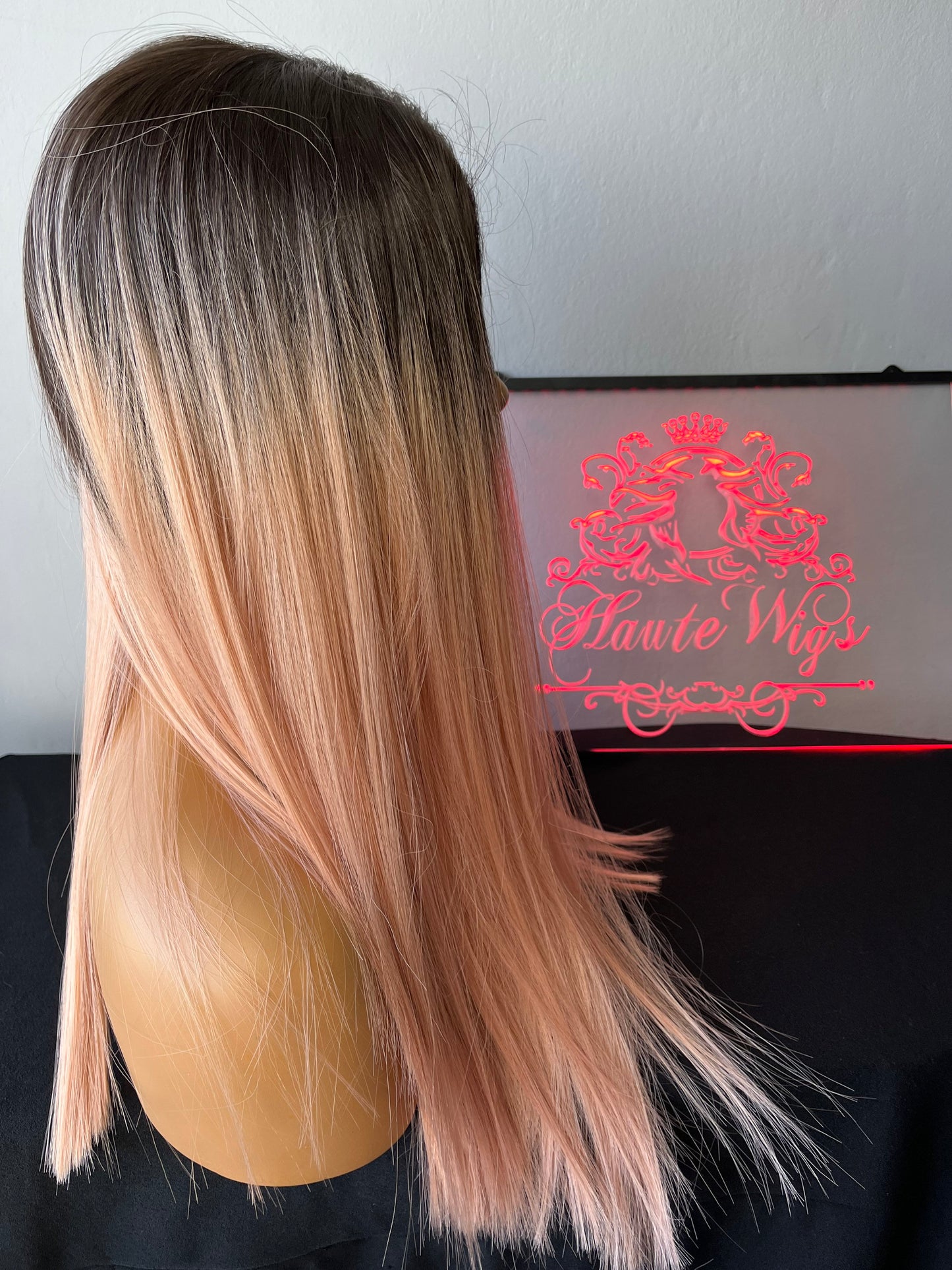 20 Inch Long Straight Rose Gold Pink Dark Roots Ombre Wig Womens Ladies Lace Front Human Hair Synthetic Blend Wigs Center Parting