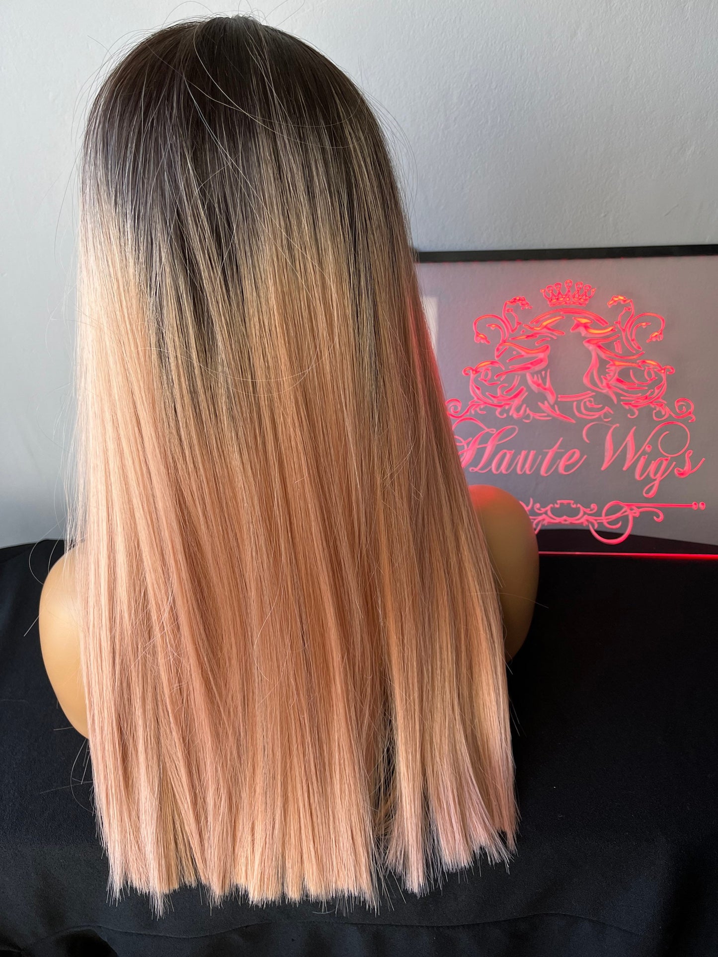 20 Inch Long Straight Rose Gold Pink Dark Roots Ombre Wig Womens Ladies Lace Front Human Hair Synthetic Blend Wigs Center Parting