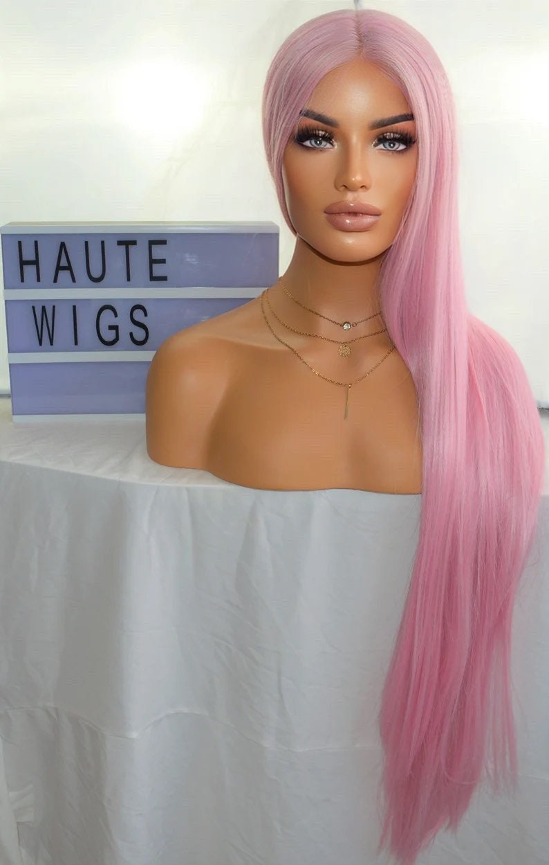 Angel XXX Long 40 Inches Lace Front Human Hair Womens Wig Ladies Cotton Candy Light Pink Luxury Baby Hairs Center Parting Straight Wigs