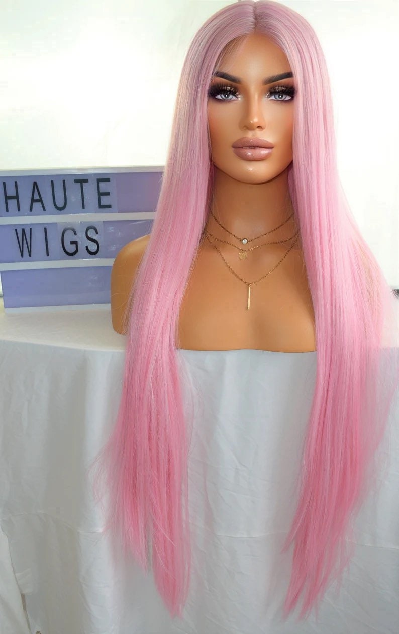 Angel XXX Long 40 Inches Lace Front Human Hair Womens Wig Ladies Cotton Candy Light Pink Luxury Baby Hairs Center Parting Straight Wigs