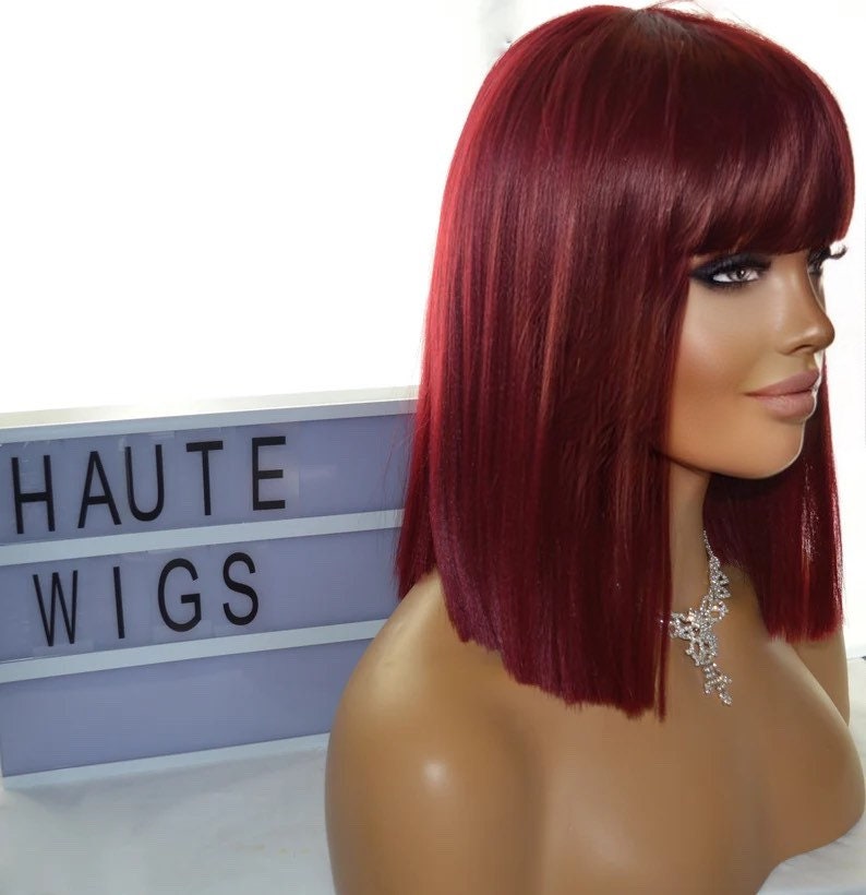 Sharp & Straight Short BOB Womens Wig 14 Inch Burgundy Rich Deep Dark Red With Fringe Bangs Human Hair Blends Ladies Wigs Blunt Cut