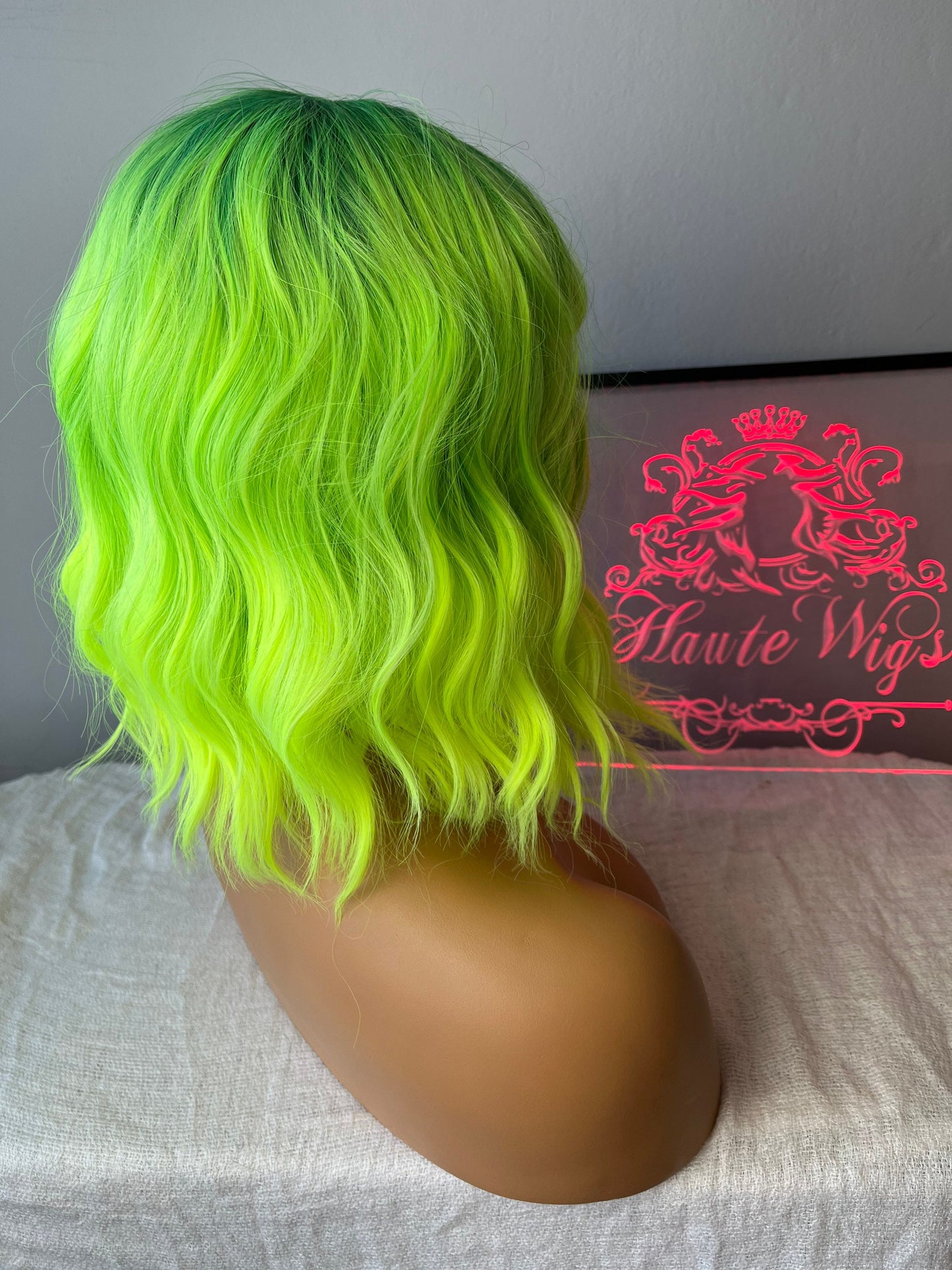 BRIGHT 14 Inch Neon Lemon Green Yellow RARE Bangs Fringe Wig No Lace Front Long Wavy Curly Wigs Ladies Eye Catching