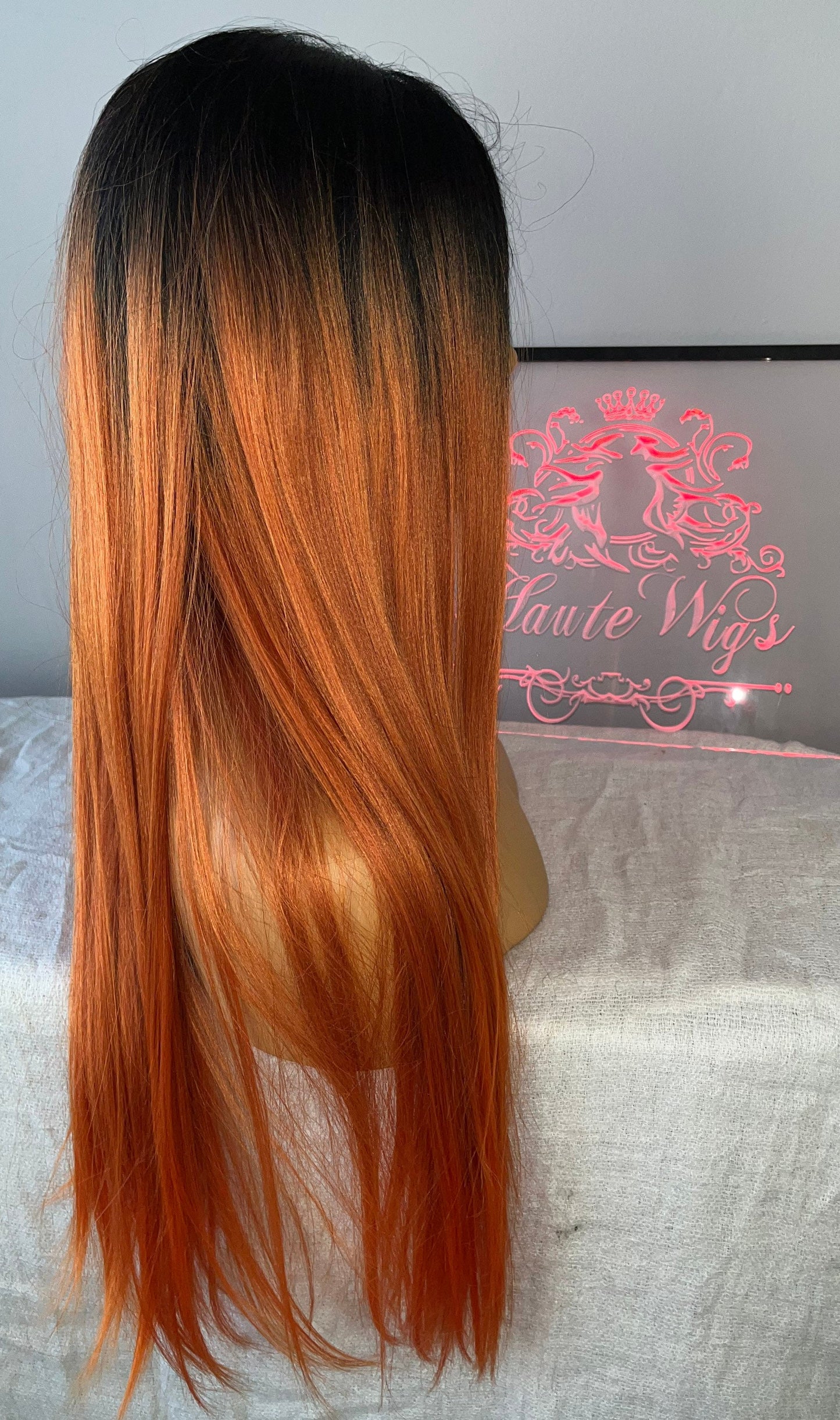 AUBURN OMBRE Long Straight Lace Front Human Hair Blends Womens Wig Ladies Deep Copper Ginger Brown Luxury Baby Hairs Center Parting Orange