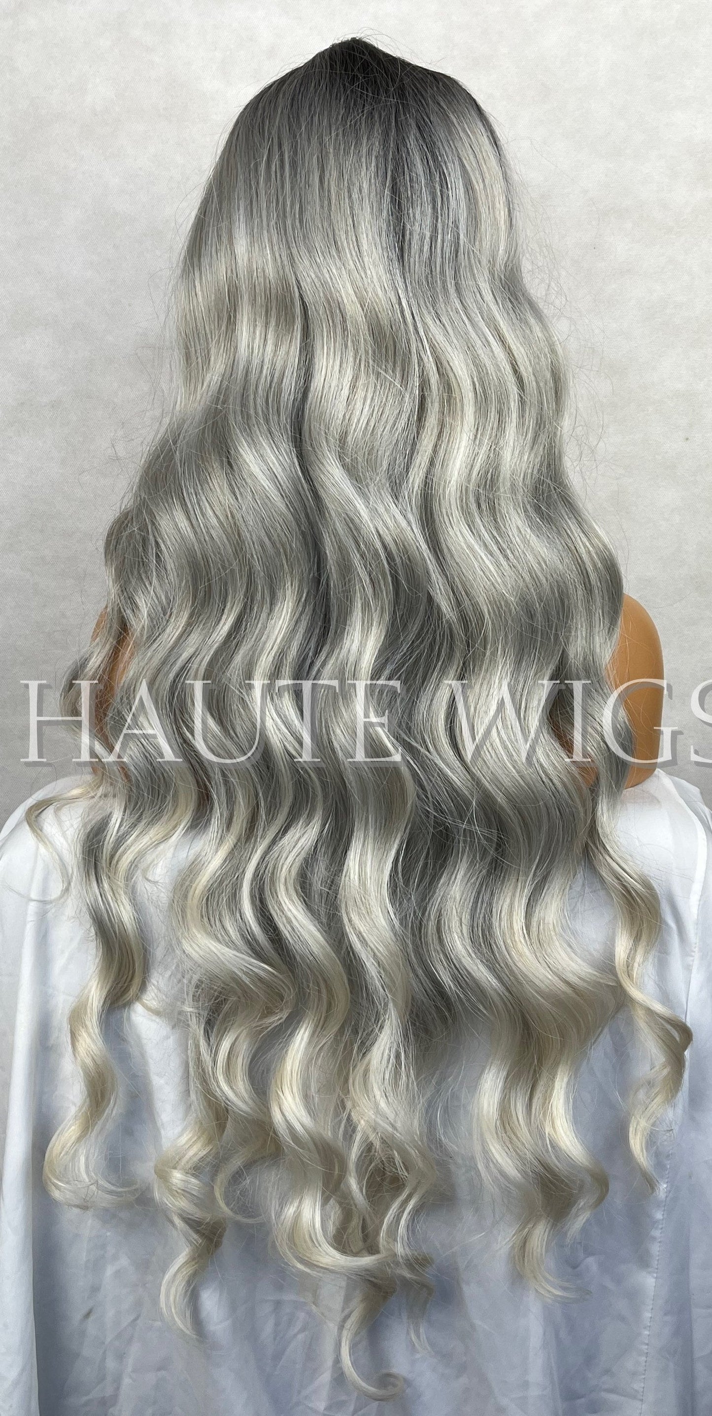 WAVY 38 Inches Long Luxury No Lace Front Human Hair Blends Wig Womens center Parting Wigs Platinum Silver Blonde Ombre Hair Gift For Her
