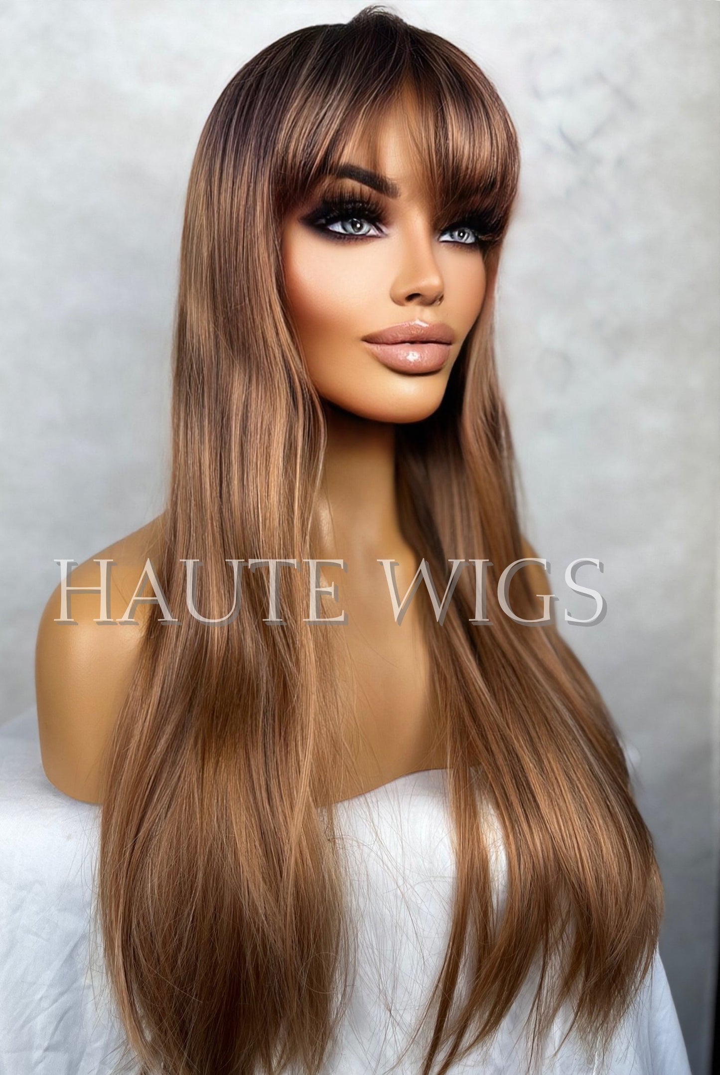 COPPER FEEL - AUBURN Ginger Rose Gold Straight Long Wig Womens Synthetic Hair 26 Inches Fringe Bangs Ladies Wigs Role Play Sexy Gift For Her