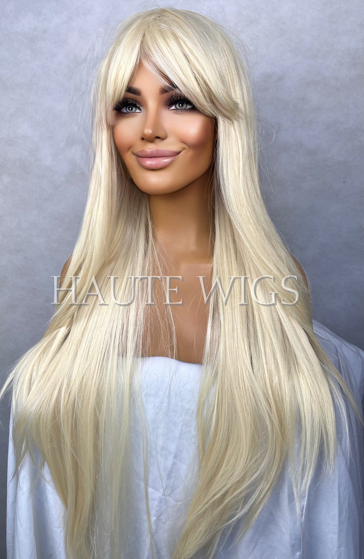 Sex Siren Blonde Wig Sexy Role Play Womens Long Layered Hair 613 Fringe Bangs Realistic Human Hair Blends Straight Ladies Wigs Gift